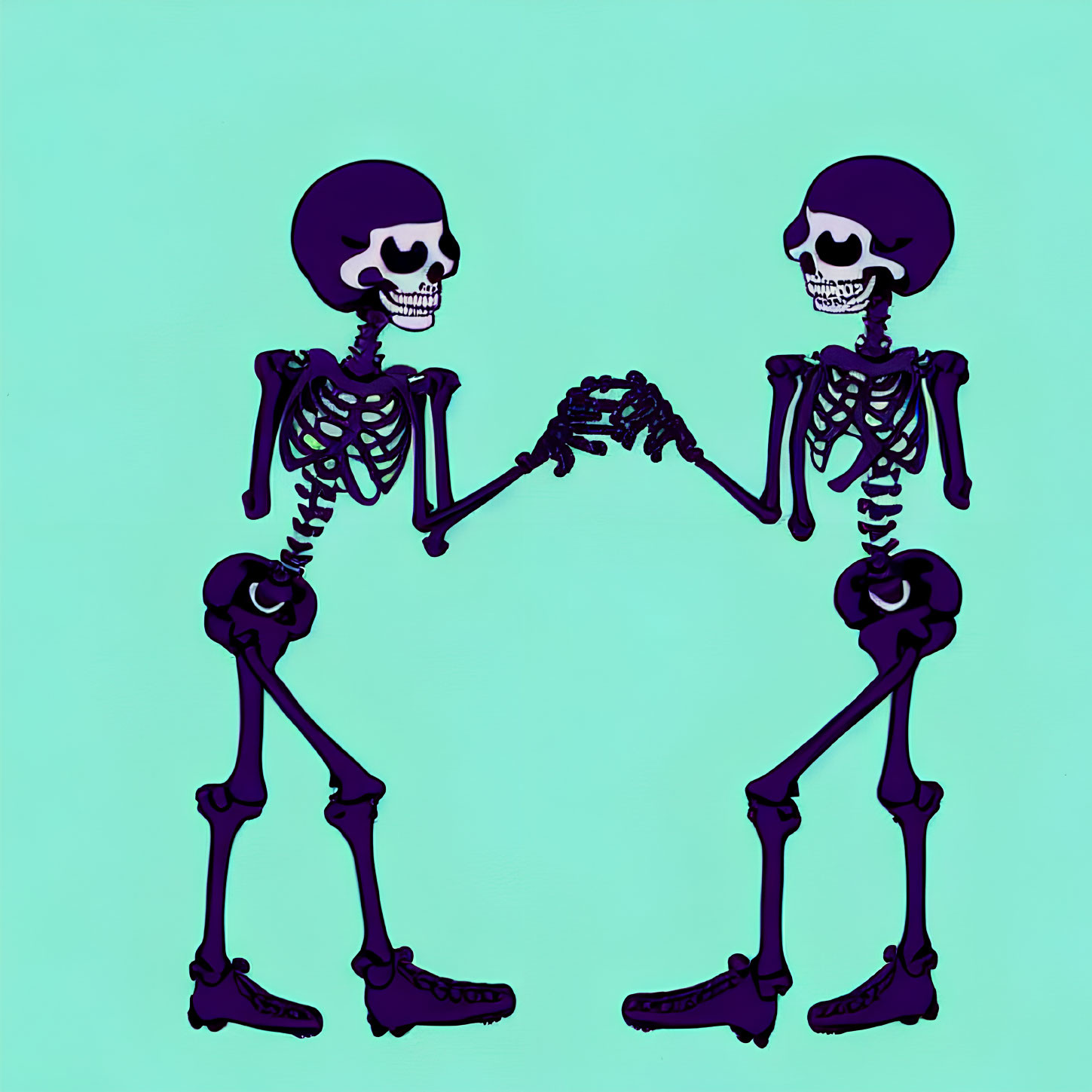 Skeletons holding hands on teal background