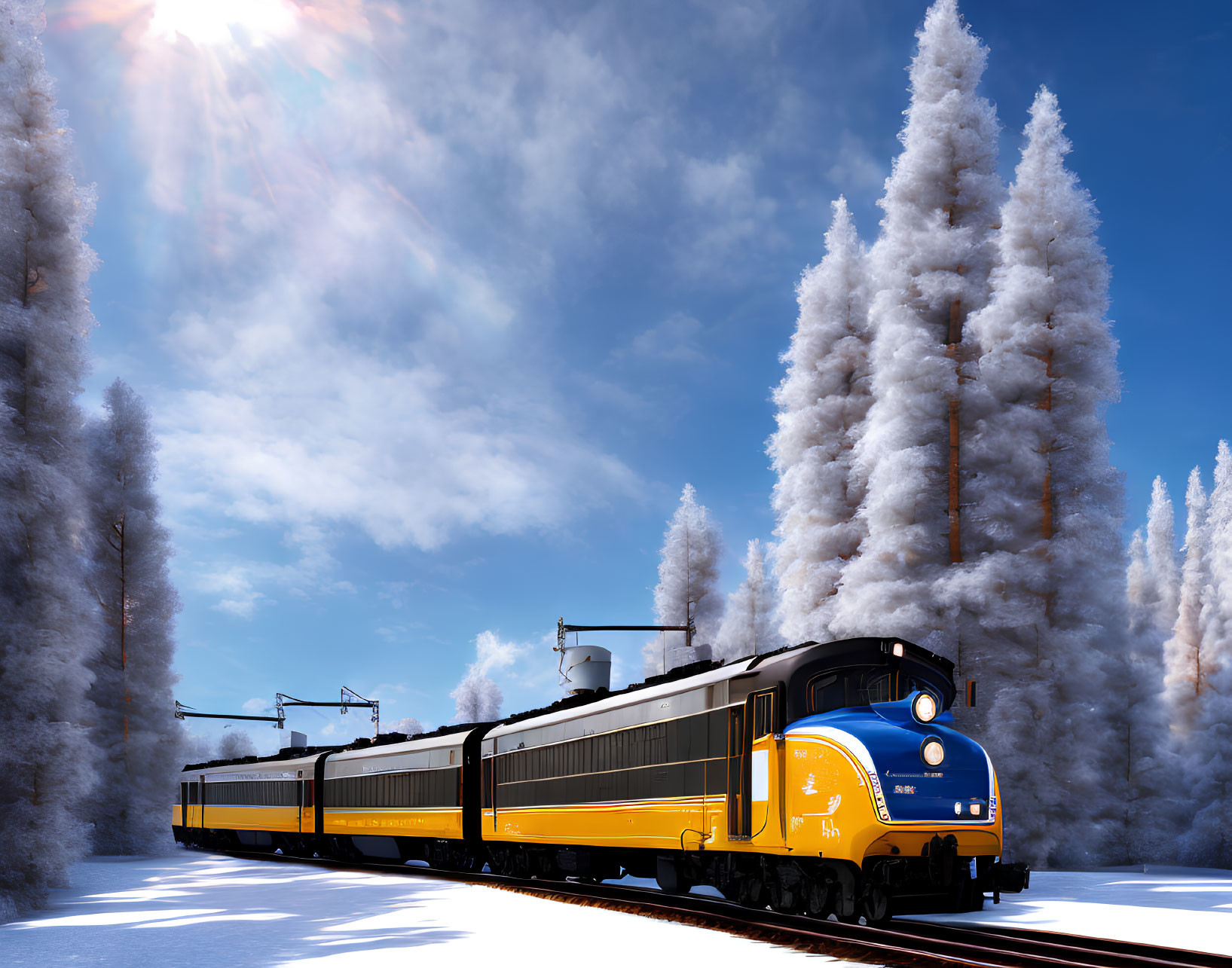 Vintage Blue and Yellow Train in Snowy Landscape with Frost-Covered Pine Trees