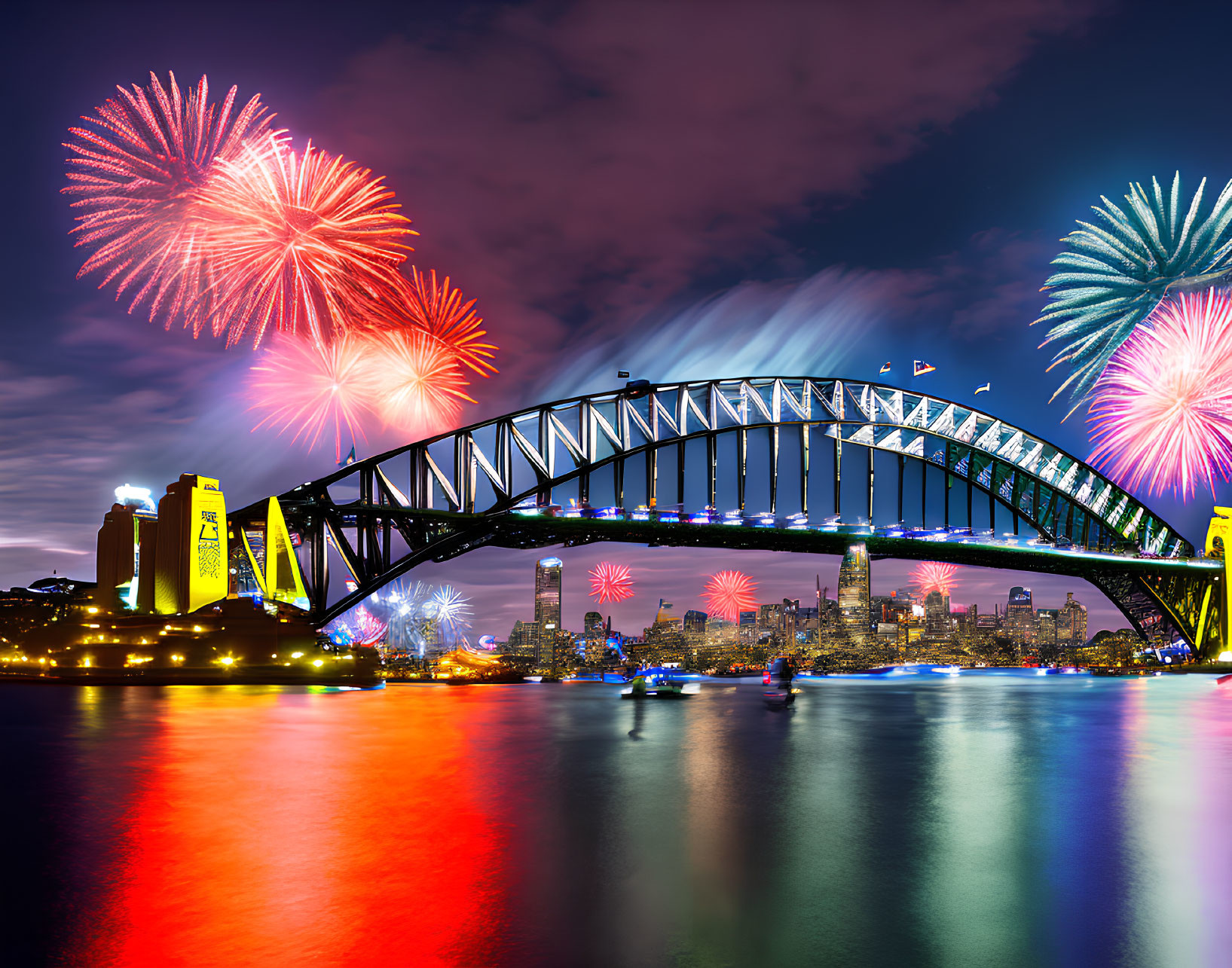 Colorful fireworks over Sydney Harbour Bridge at night with city skyline and water reflection