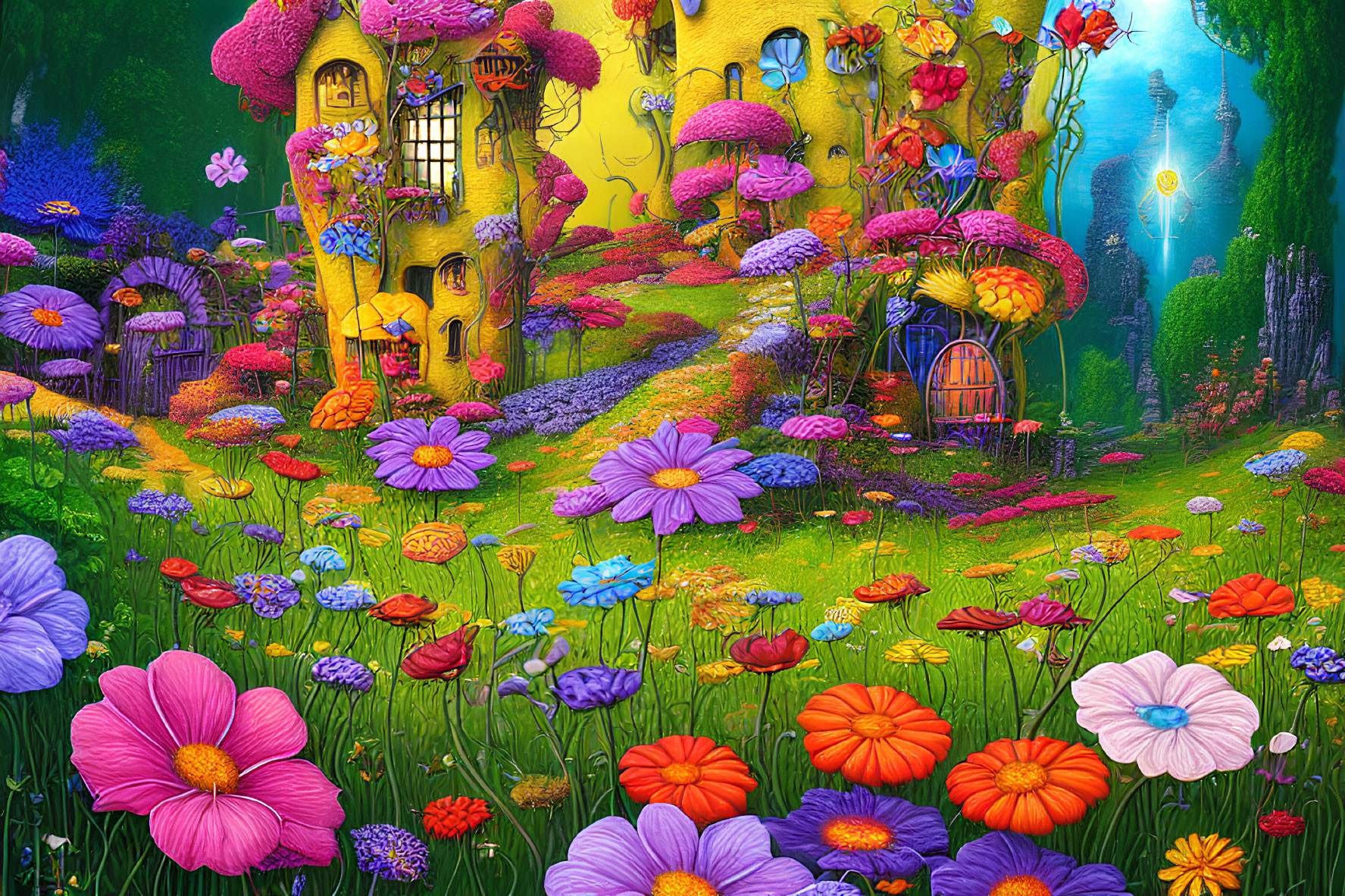 Colorful fantasy garden with whimsical yellow house and vibrant flowers under magical sky