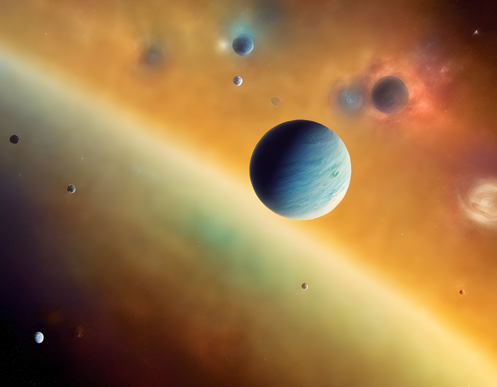 Colorful Space Scene with Blue Planet and Moons in Cosmic Backdrop