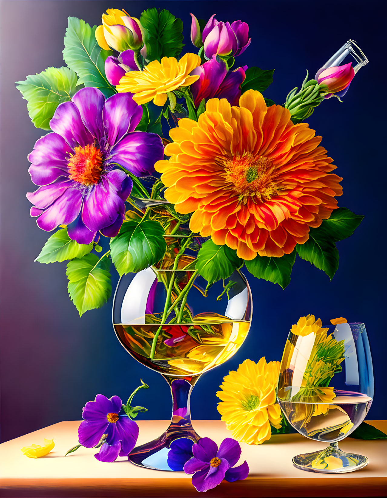 Vibrant flowers in glass vase with wineglass on blue background