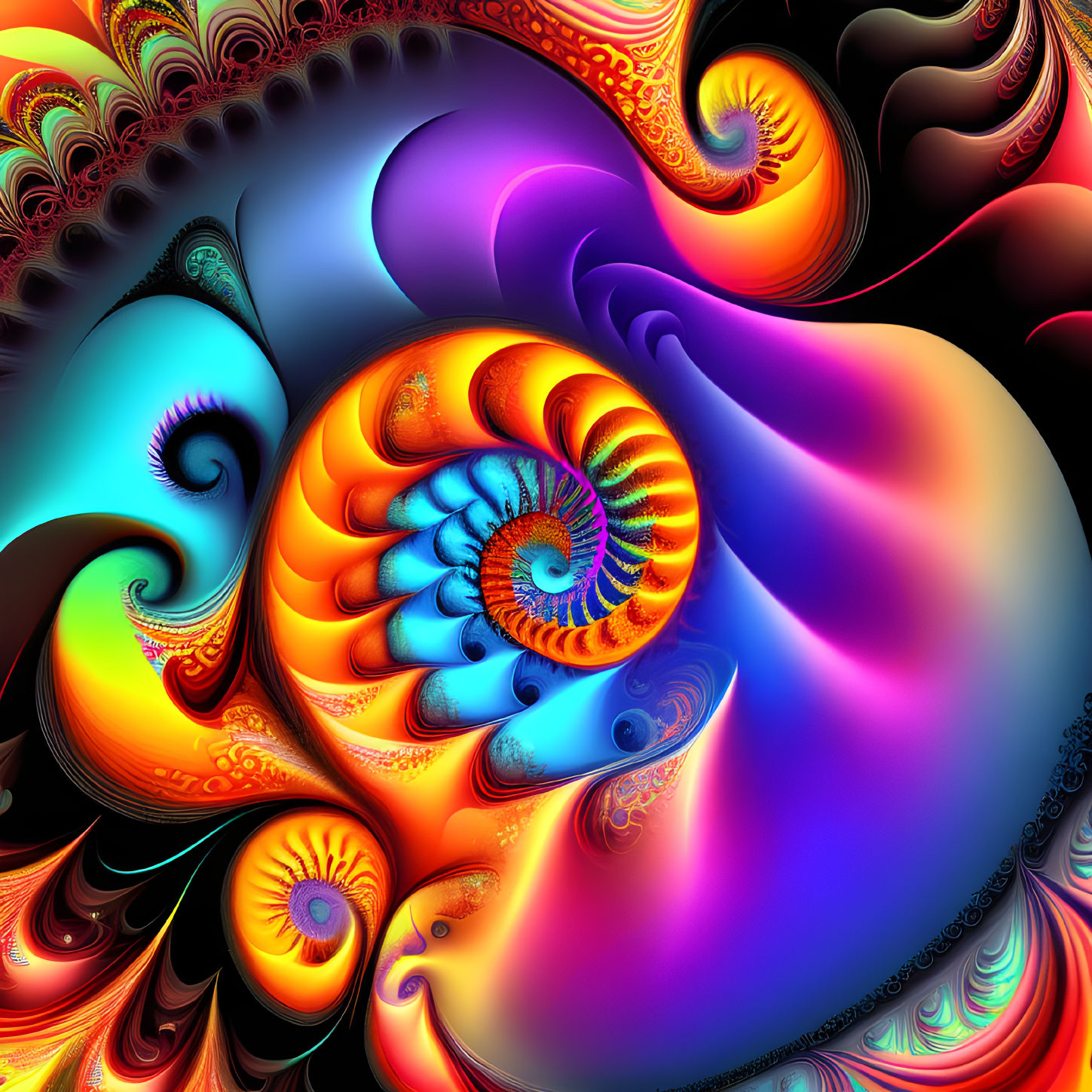 Colorful Abstract Fractal Design with Swirling Blue, Orange, and Pink Patterns