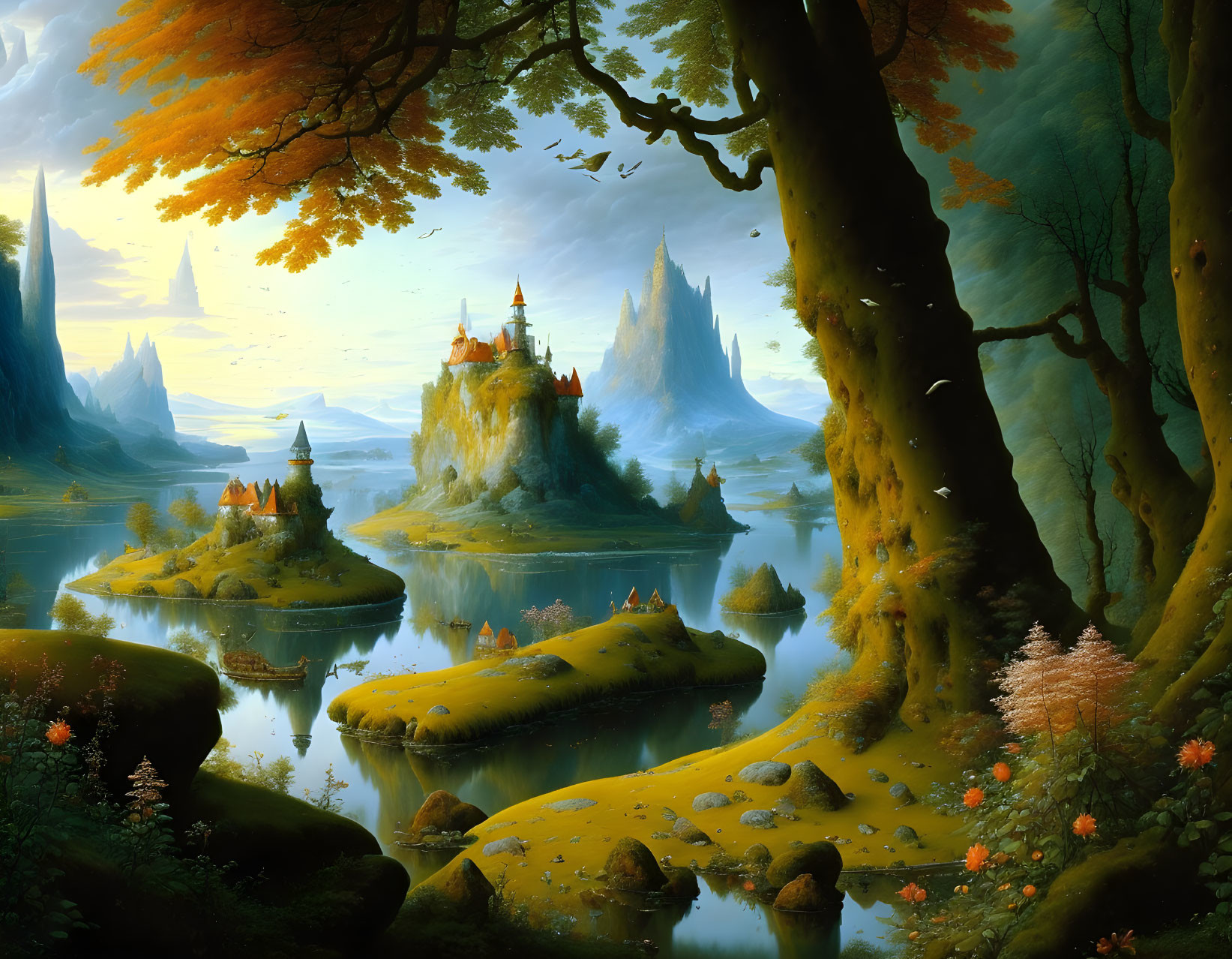 Fantasy landscape with castles on lush islands, giant trees, autumn foliage, and mountains