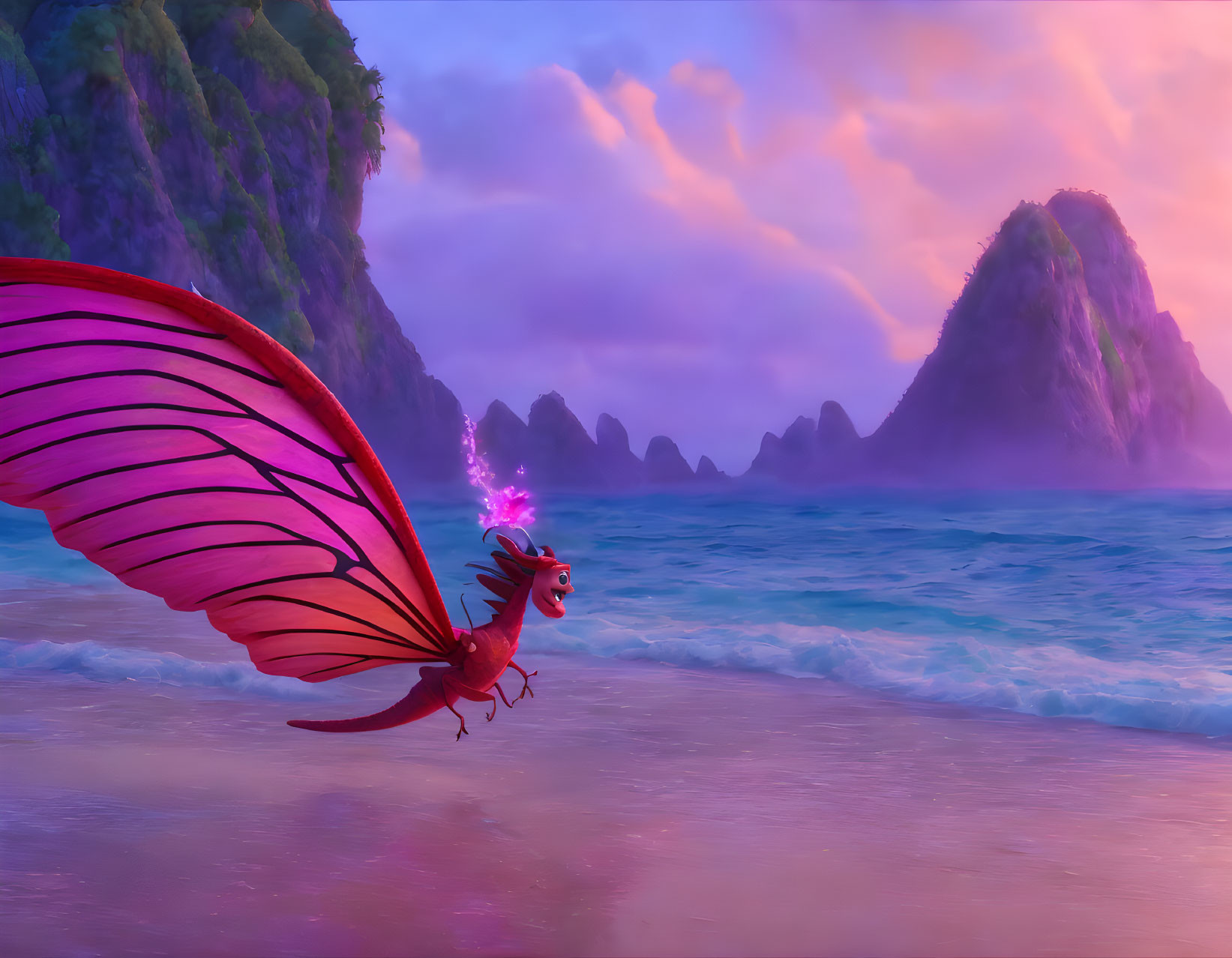 Vibrant red dragon with pink wings on beach under purple skies