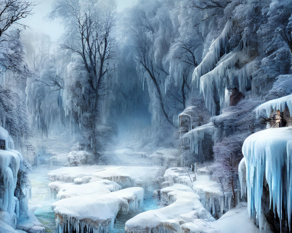 Frozen Waterfalls, Icicles, and Snow: Winter Landscape Scene