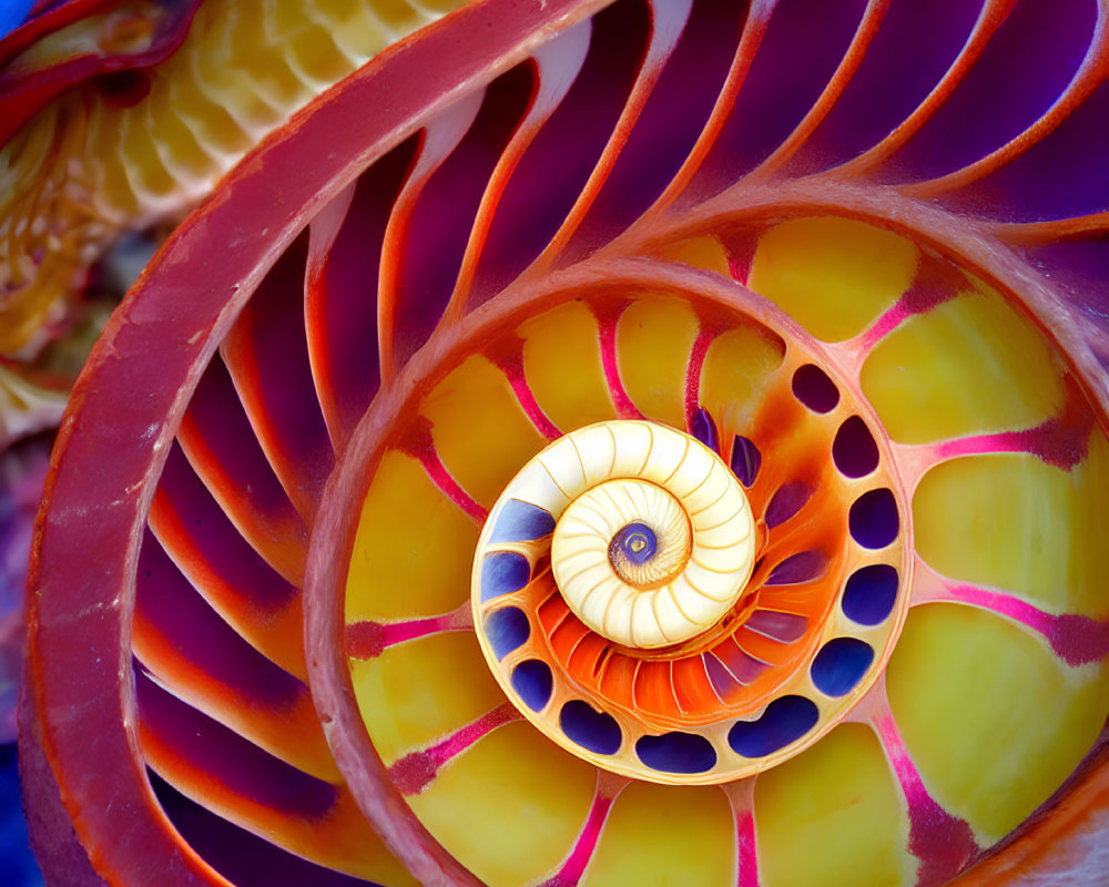 Colorful Nautilus Shell Pattern in Warm Tones on Blue Background