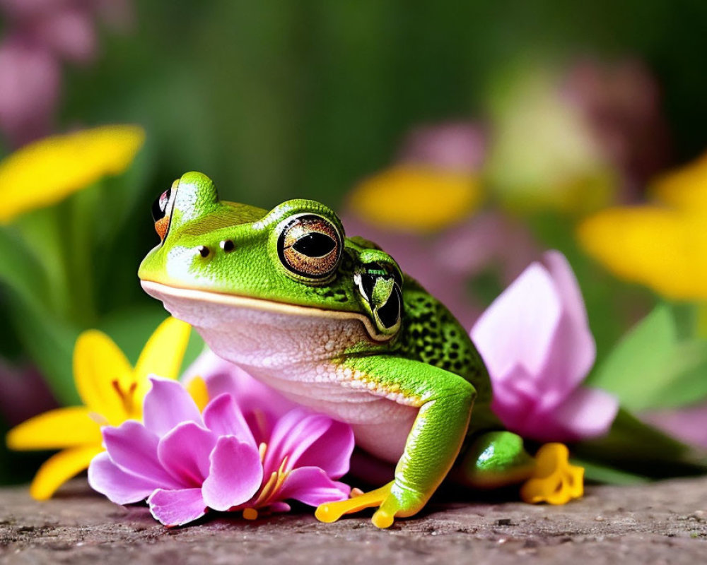Colorful Frog Surrounded by Flowers and Foliage