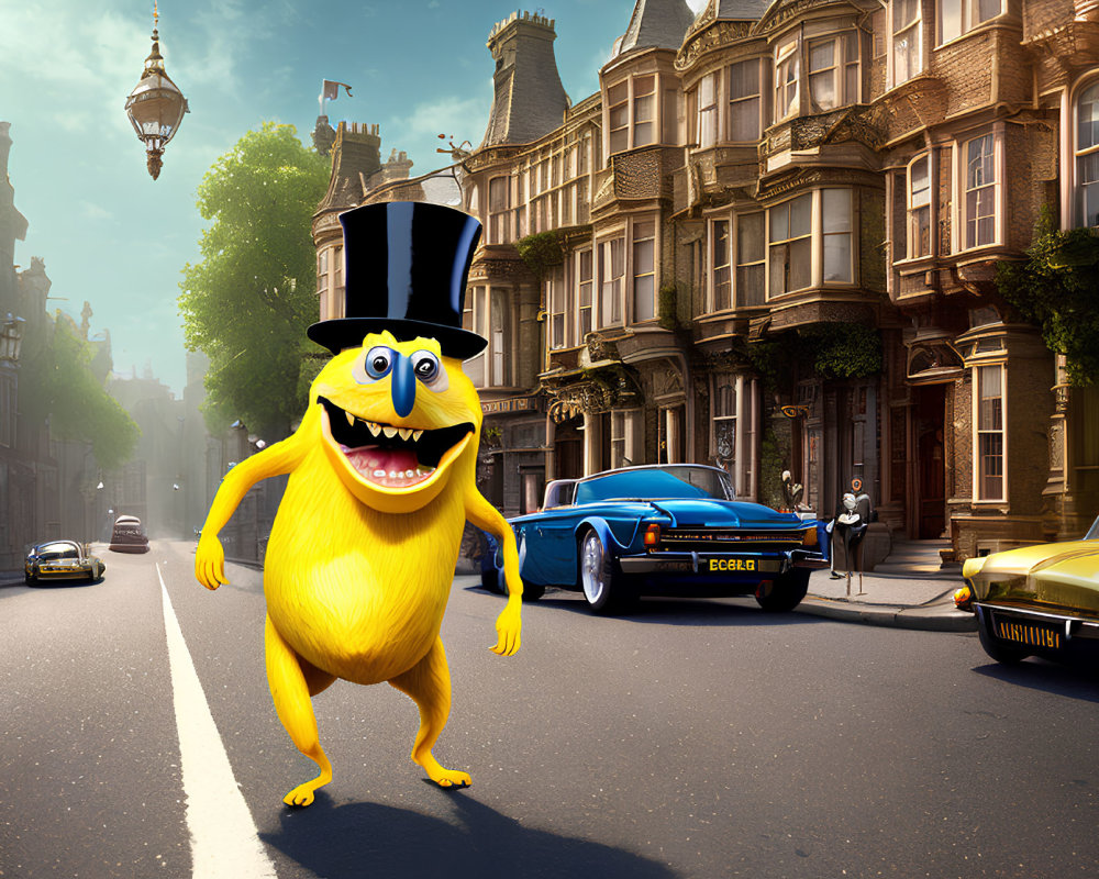 Yellow cartoon character in top hat on sunny street with vintage cars and townhouses