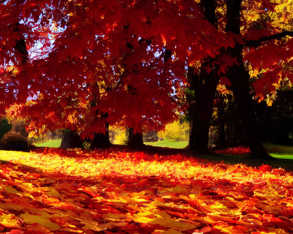 Colorful autumn foliage with red and orange leaves under sunlight