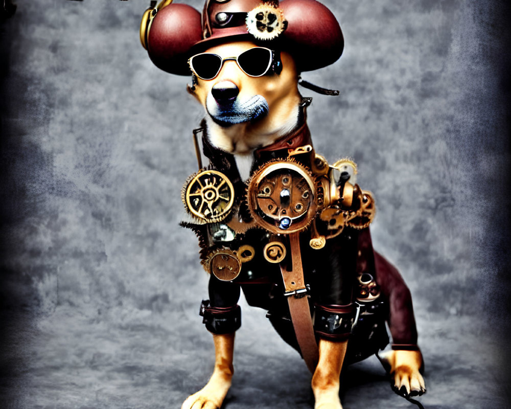 Steampunk-themed dog with goggles, top hat, and mechanical arm