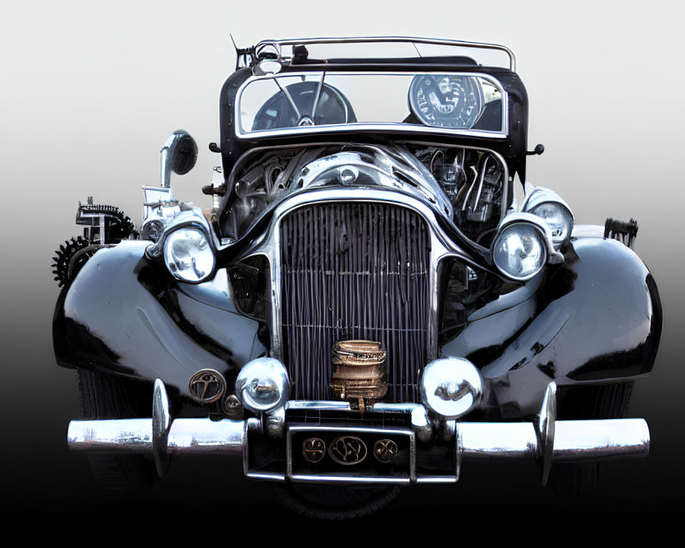 Classic Vintage Car Frontal View with Chrome Details and Intricate Grille