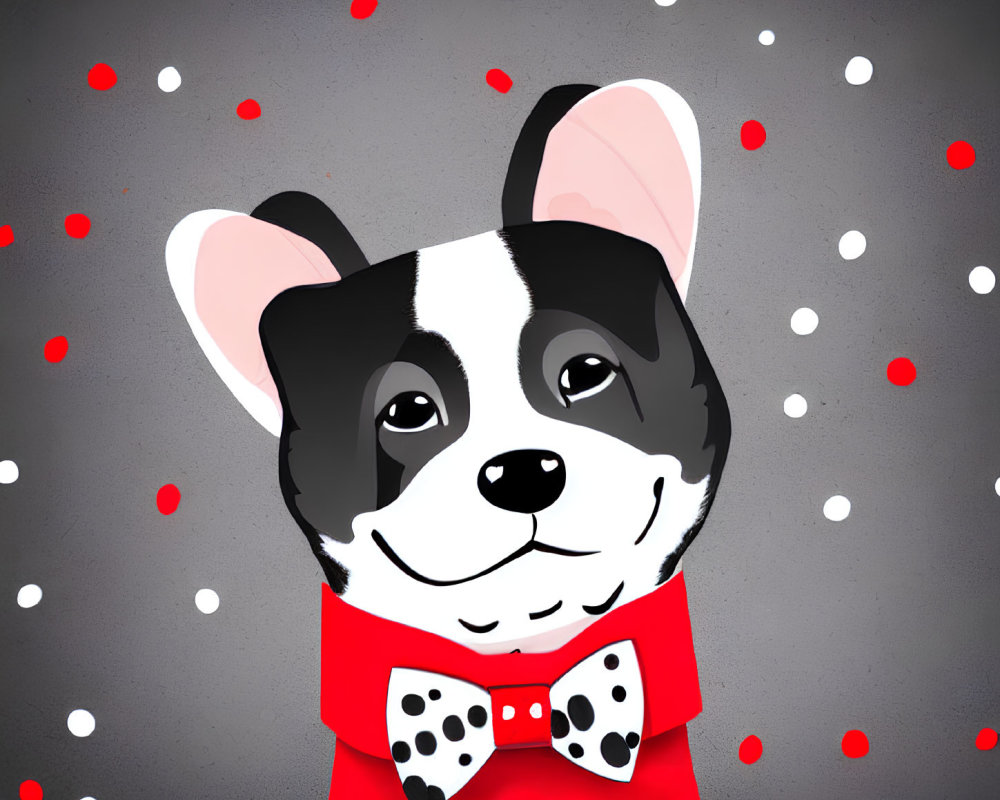Smiling black and white dog in red bow tie on grey background with red and white dots