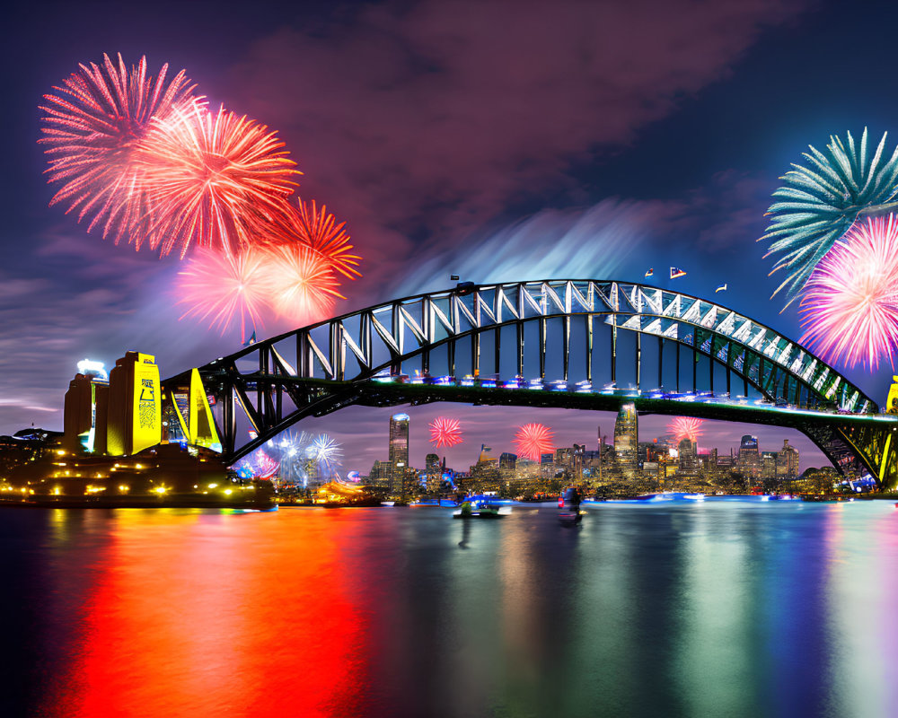Colorful fireworks over Sydney Harbour Bridge at night with city skyline and water reflection