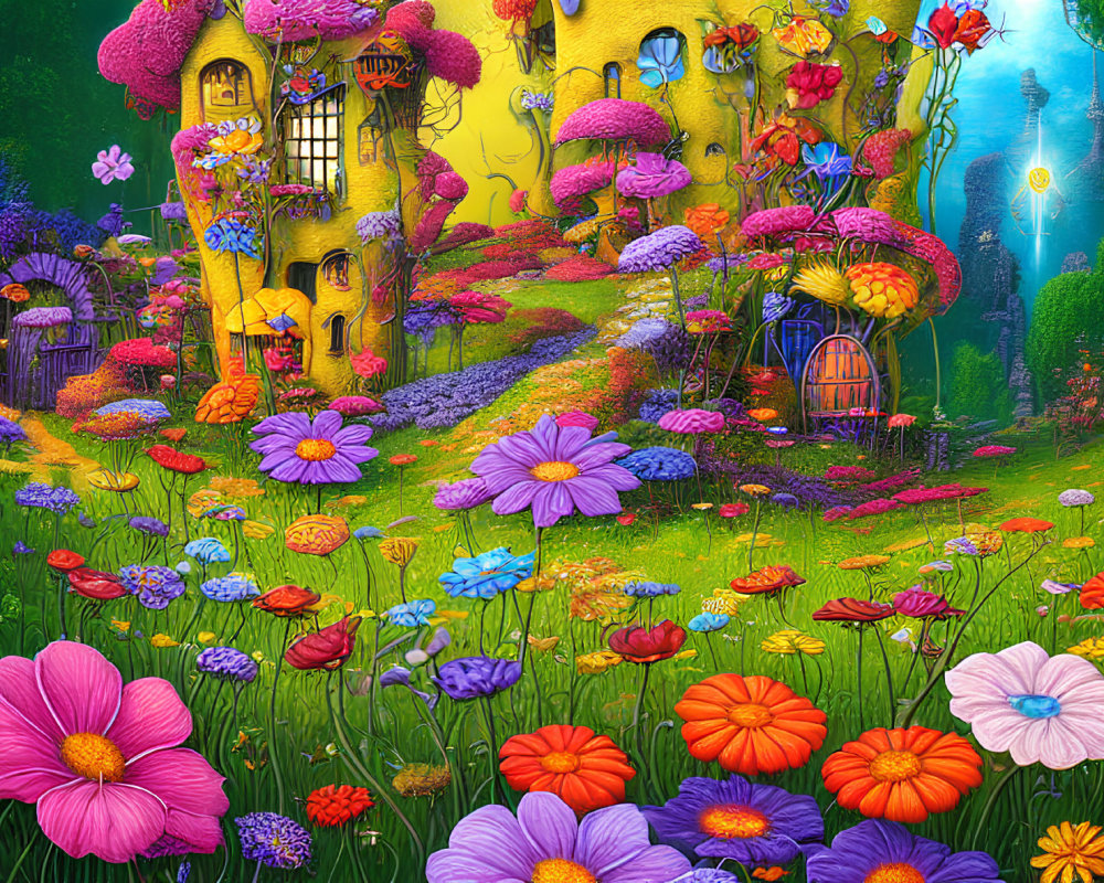 Colorful fantasy garden with whimsical yellow house and vibrant flowers under magical sky