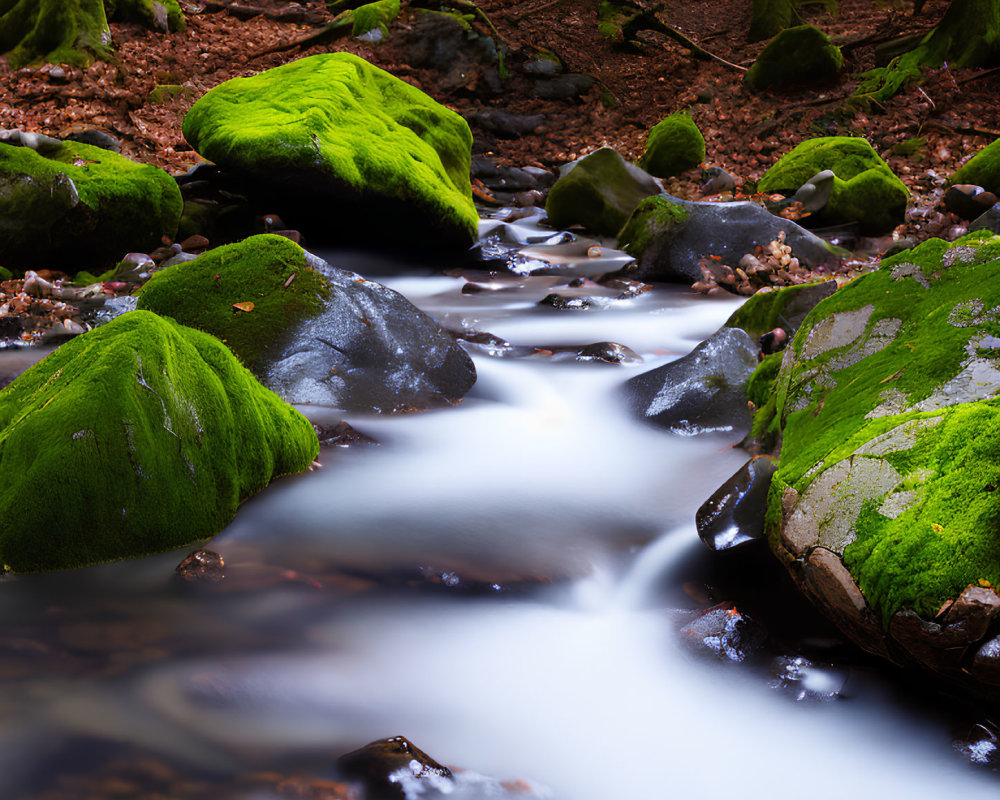 Tranquil forest stream with moss-covered rocks and autumn leaves