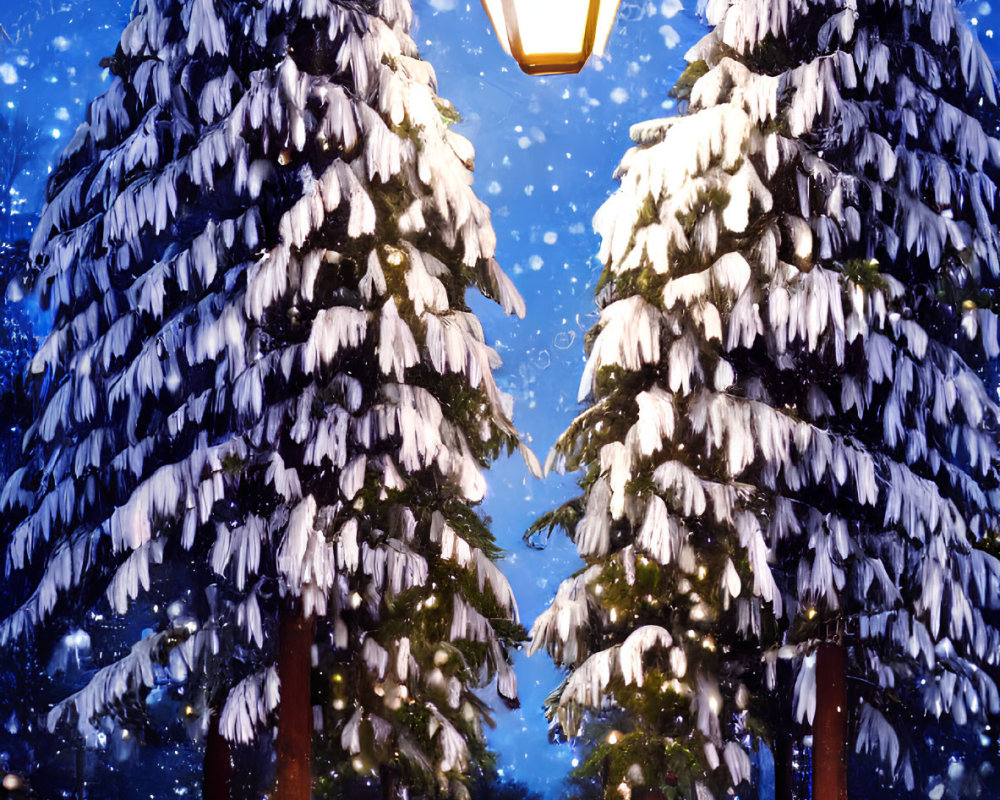 Winter scene: Snow-covered pine trees under street lamp on starry night