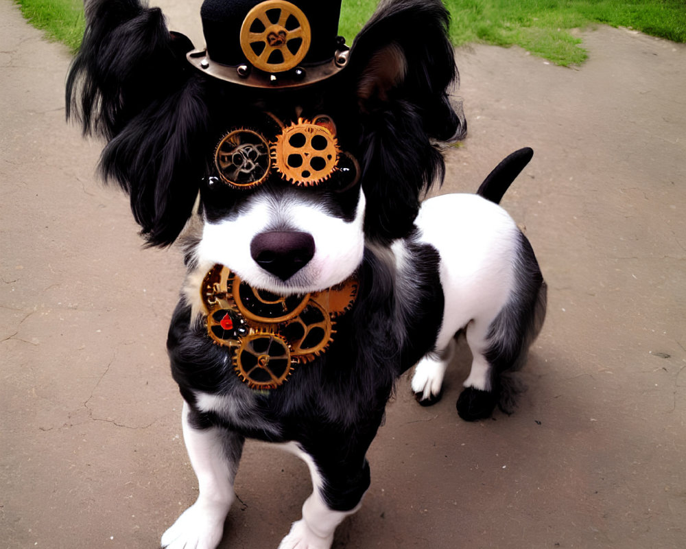 Steampunk-themed black and white dog with gear hat and cogwheel collar on grass