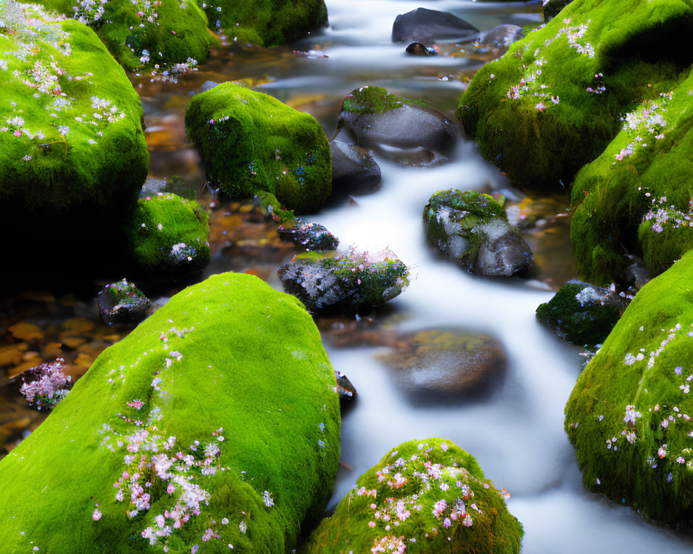 Tranquil stream with moss-covered rocks and pink flowers