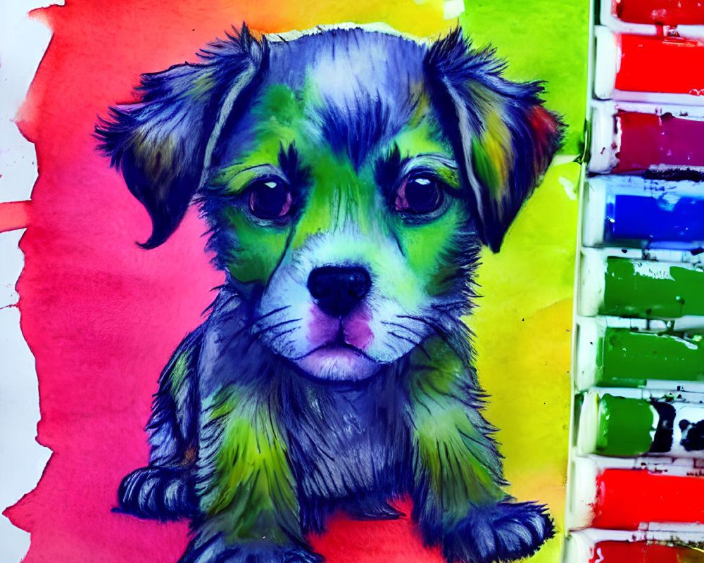 Colorful Puppy Illustration with Expressive Eyes on Vibrant Watercolor Background