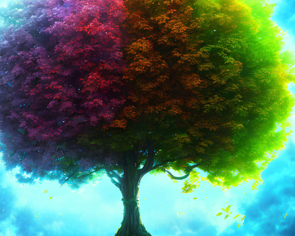 Colorful mystical tree with falling leaves under bright sky