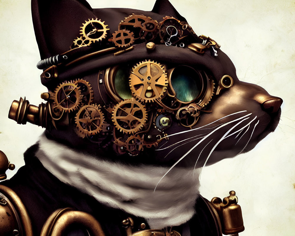 Steampunk-style cat illustration with mechanical eye and brass collar