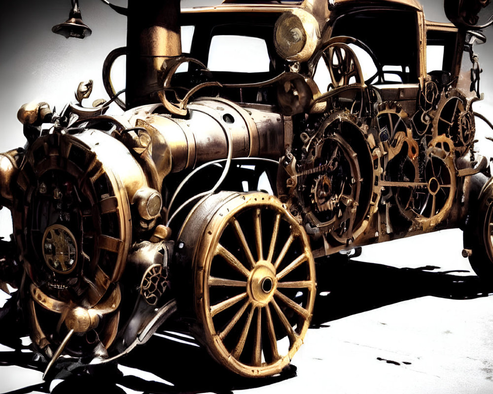 Steampunk-inspired vehicle with intricate metalwork, gears, and vintage design