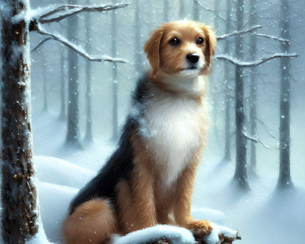 Golden-Brown Dog Sitting on Snowy Branch in Winter Forest