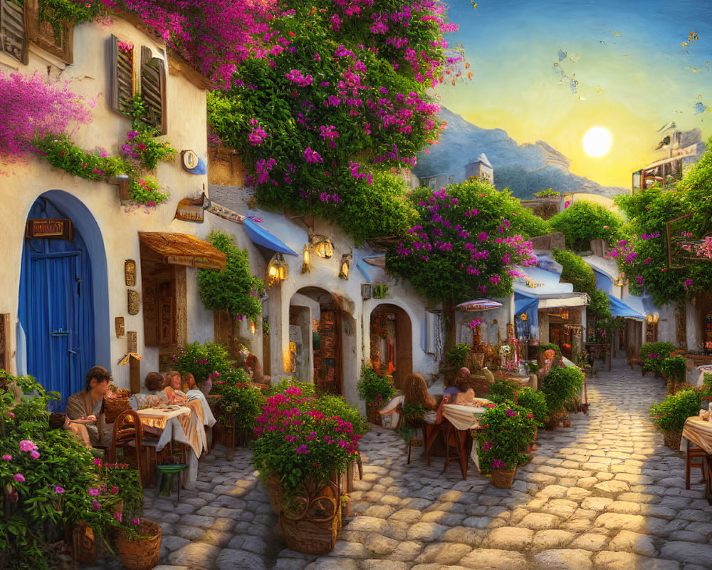 Charming cobblestone street with blooming flowers and al fresco dining at sunset