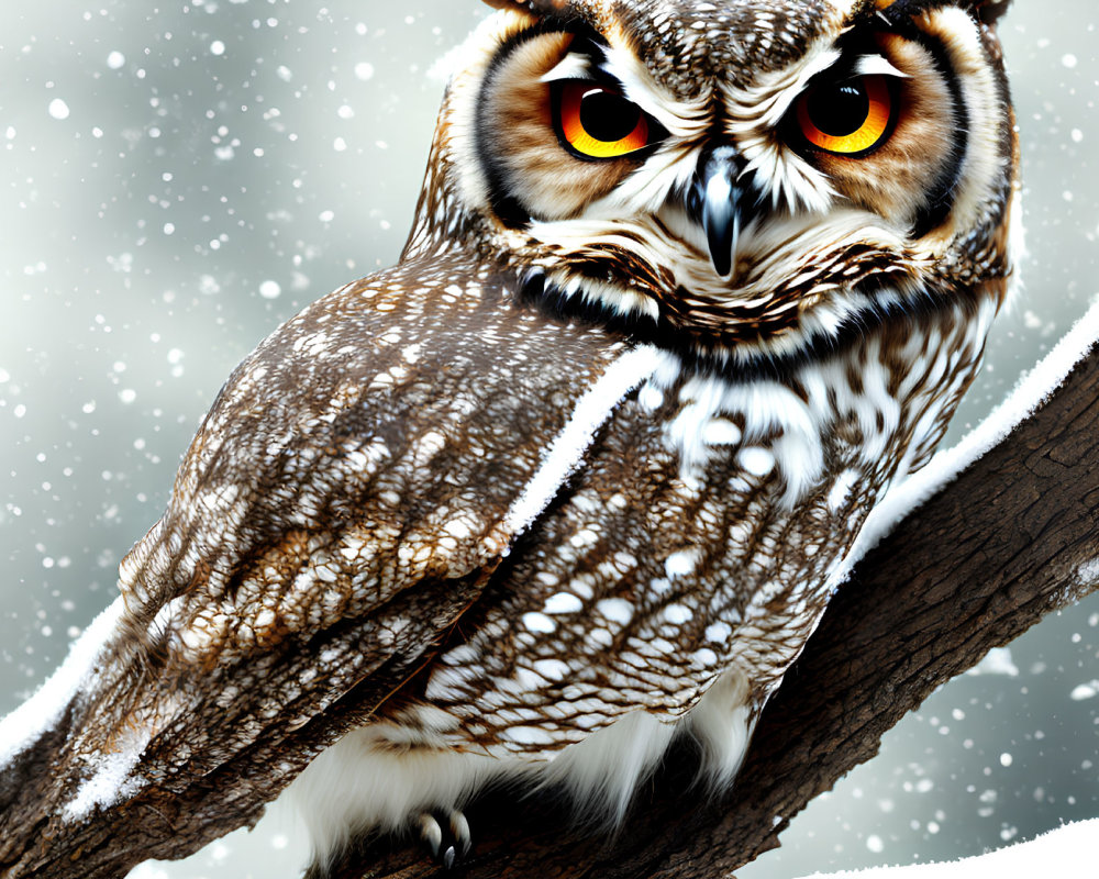 Brown and White Speckled Owl Perched on Branch in Falling Snowflakes