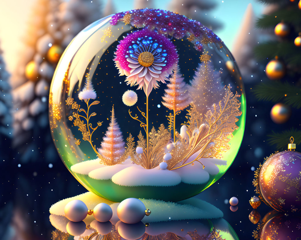 Colorful digital artwork: Translucent sphere with flowers and foliage in wintry forest.