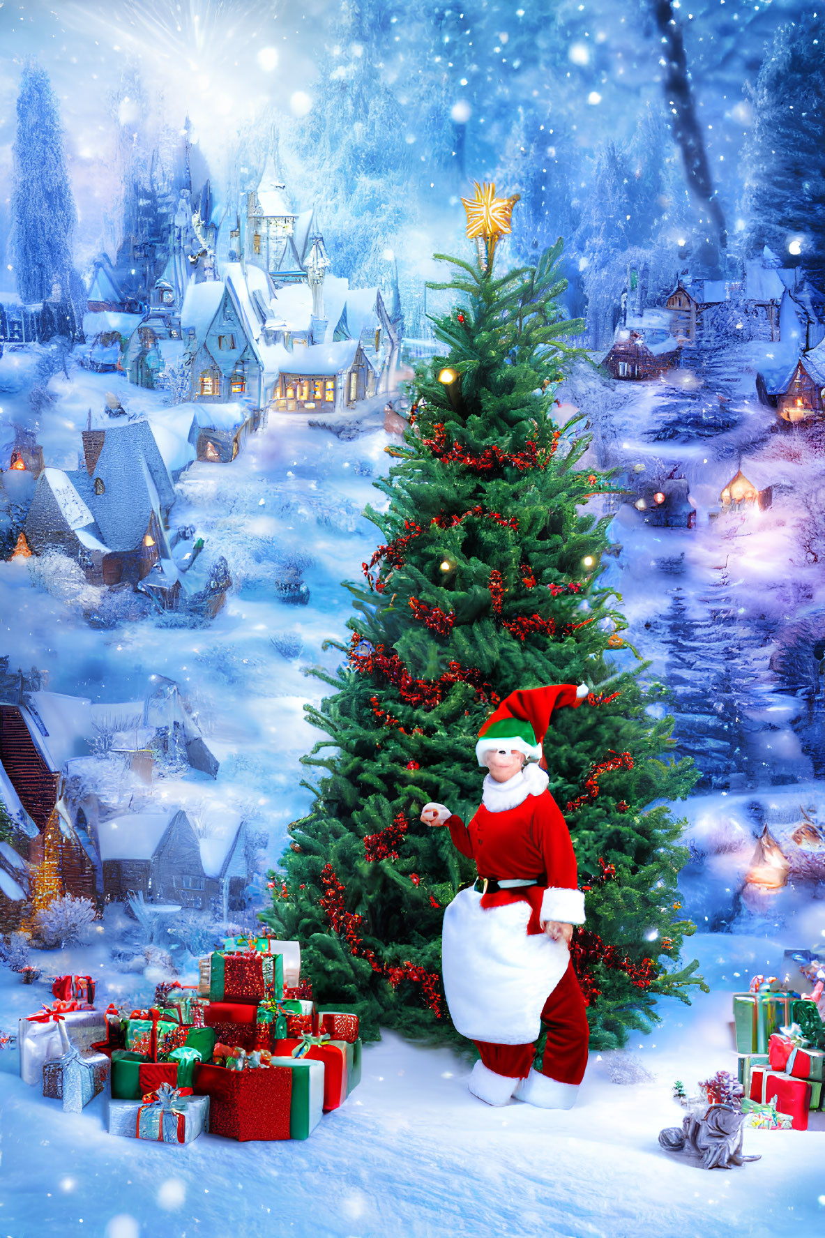 Santa Claus with Christmas tree and gifts in snowy village scene