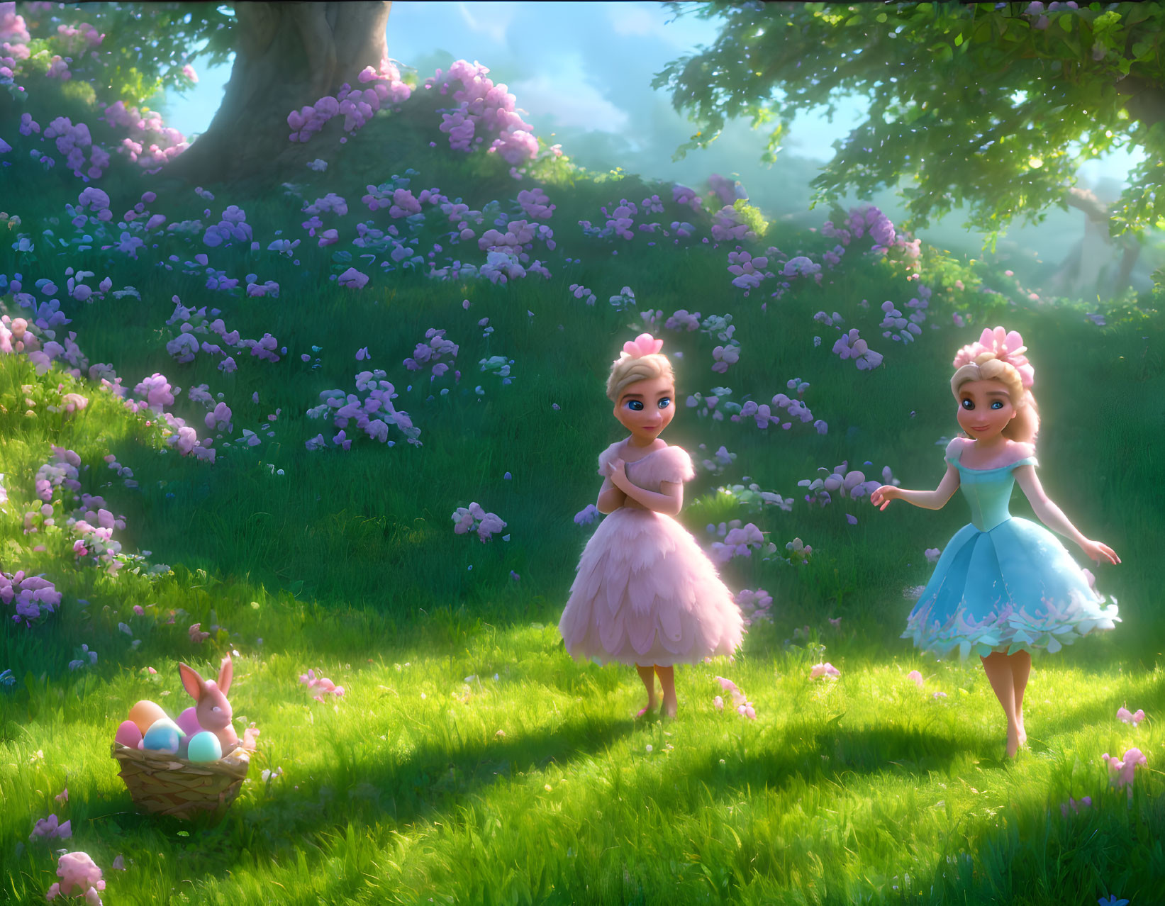 Animated princesses in sunlit meadow with purple flowers and eggs basket