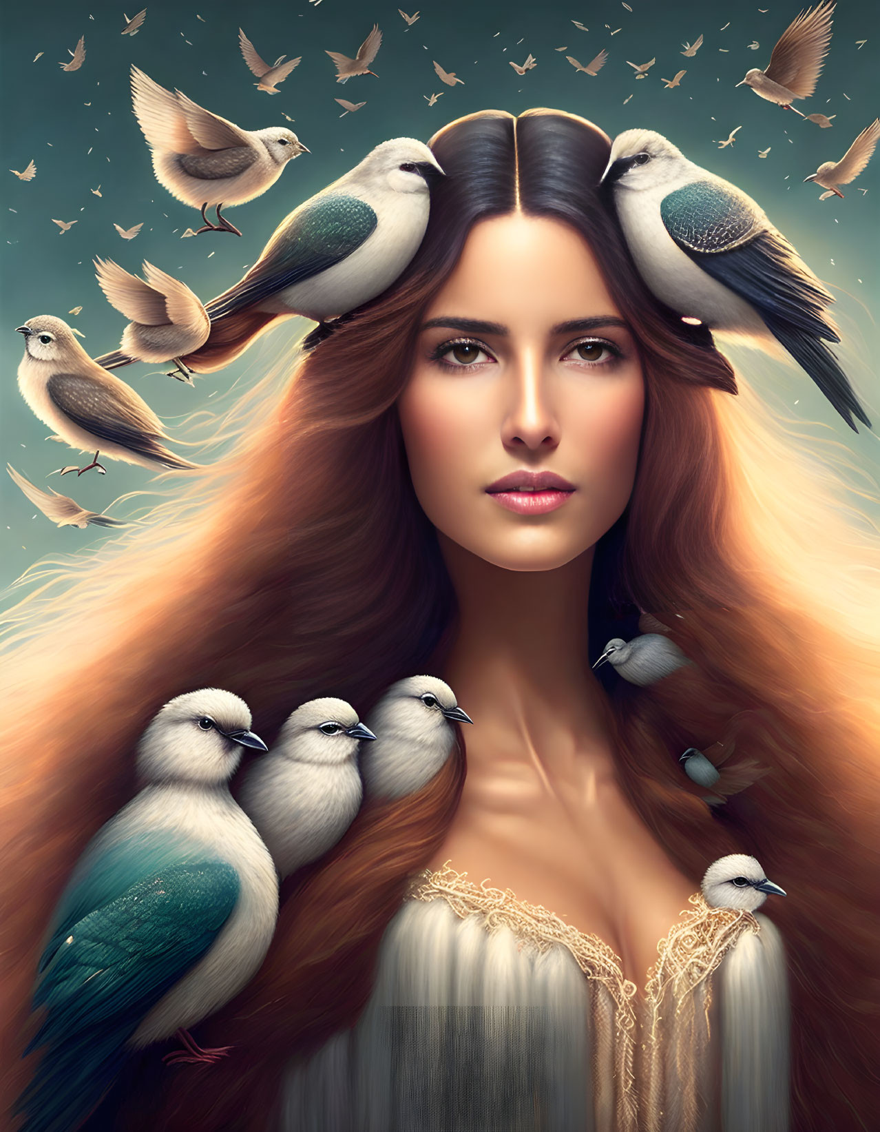 Woman with Long Flowing Hair Surrounded by Birds on Teal Background
