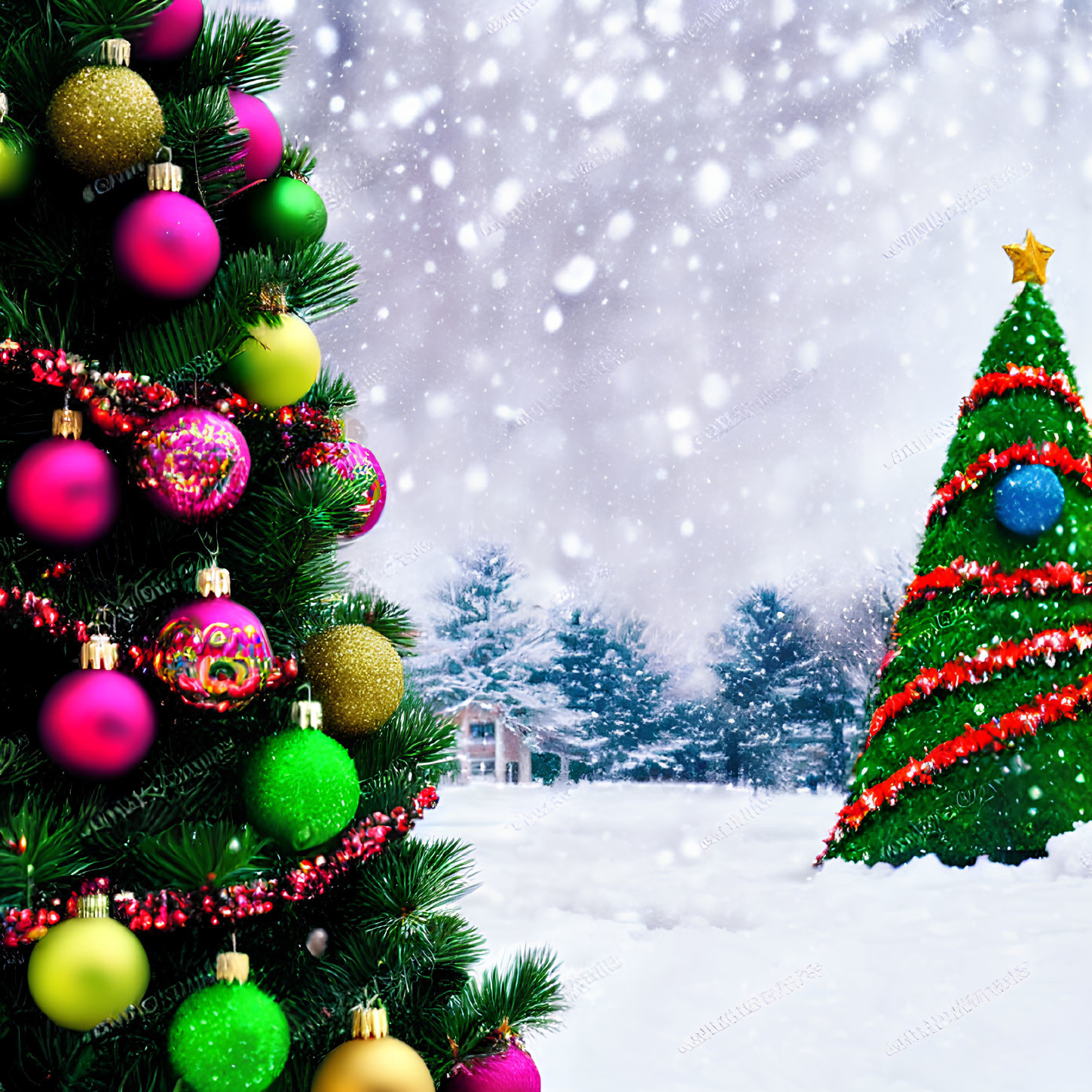 Colorful Ornaments on Vibrant Christmas Tree in Snowy Wintry Scene