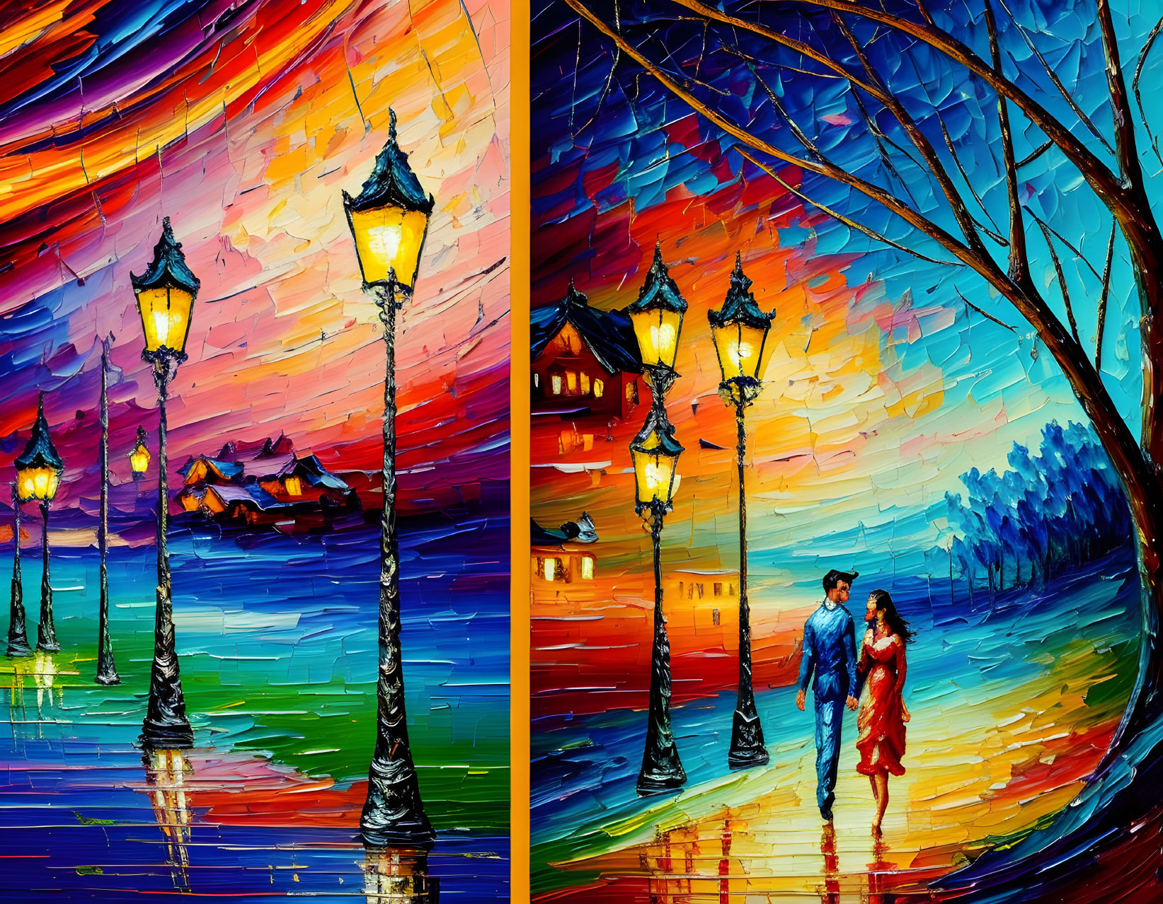 Colorful Split Panel Painting: Couple Walking by Lake