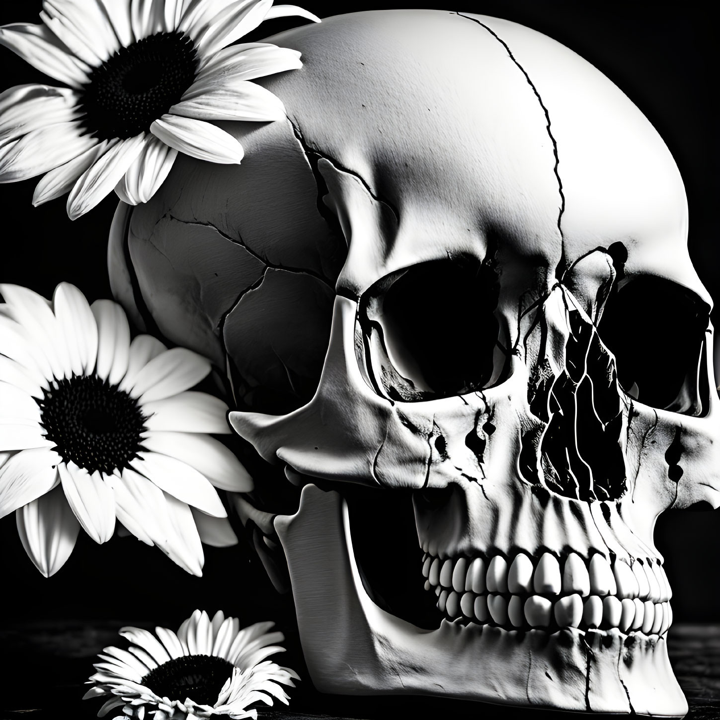 Monochrome image: Skull with cracks and daisies on dark backdrop