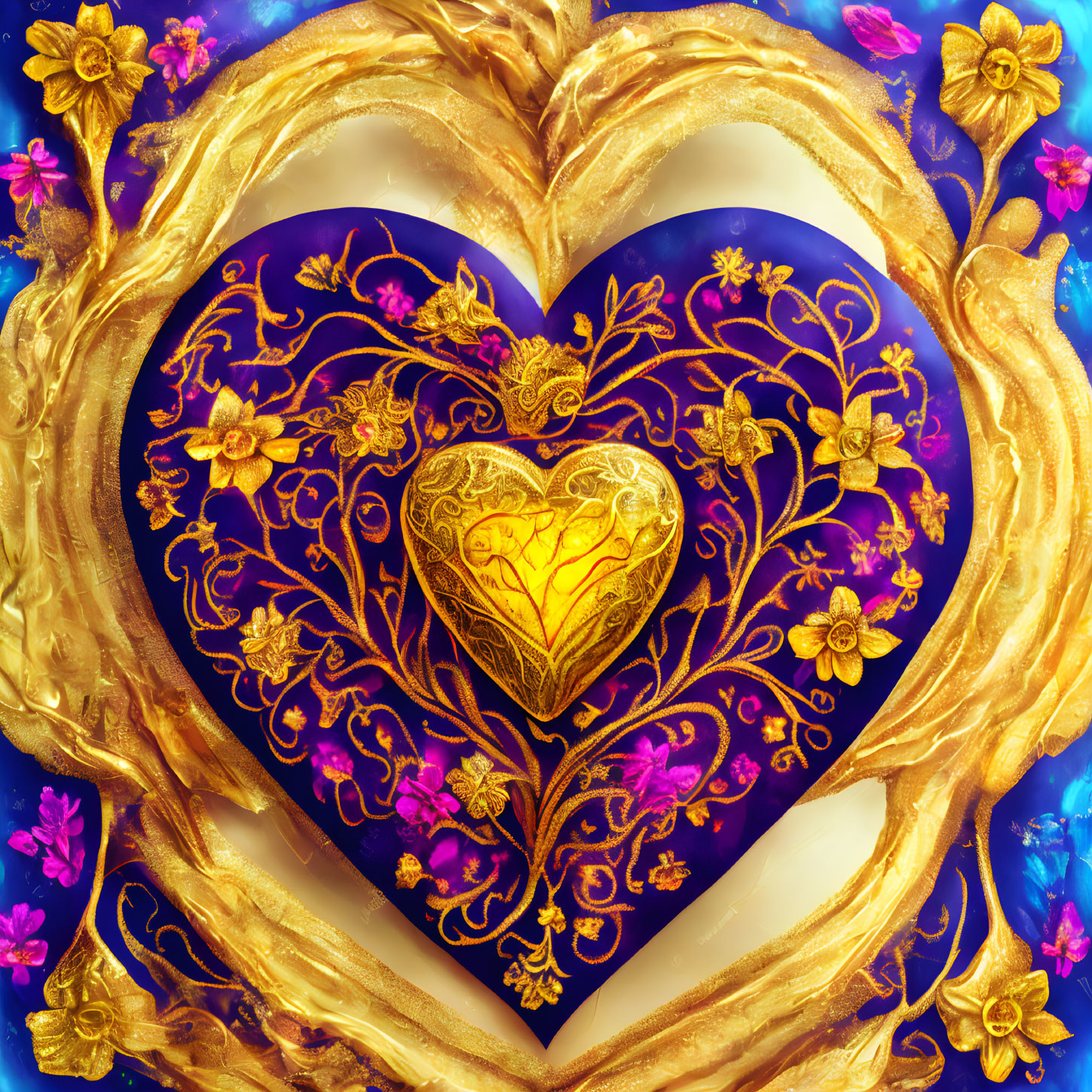 Intricate Floral Golden Heart on Blue Background