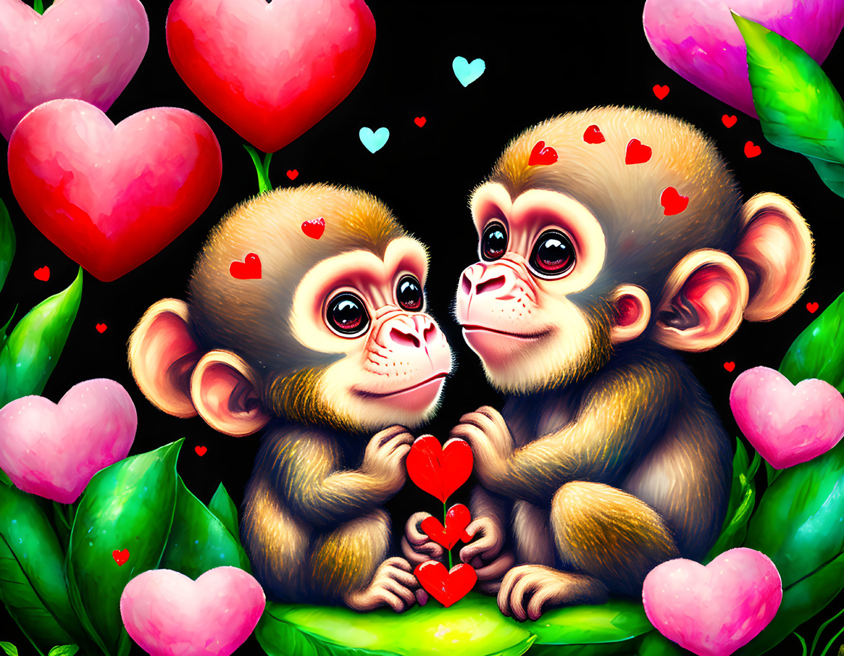 Cartoon monkeys holding heart puzzle piece surrounded by colorful hearts and leaves