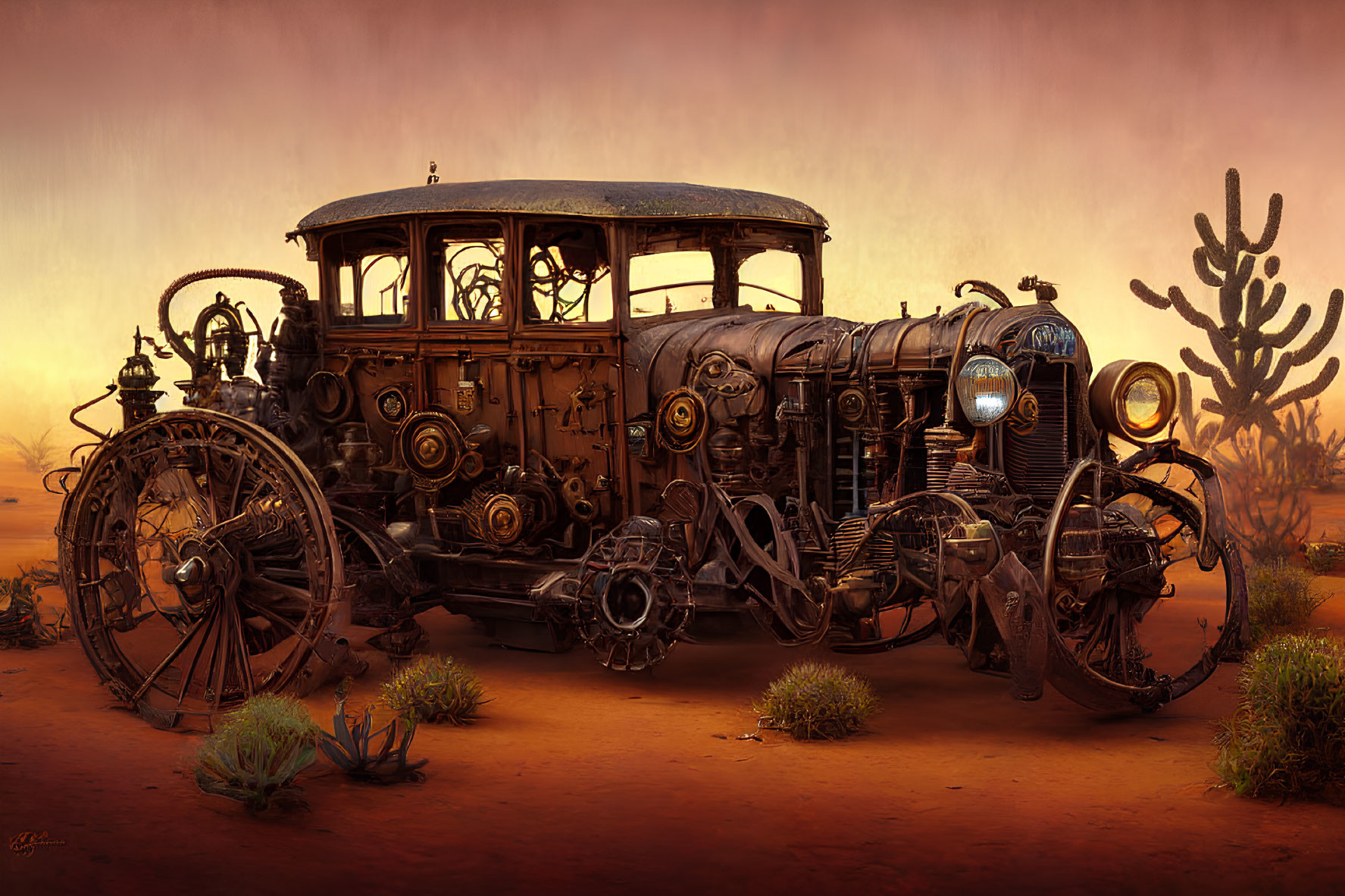 Intricately designed steampunk vehicle in desert landscape at dusk