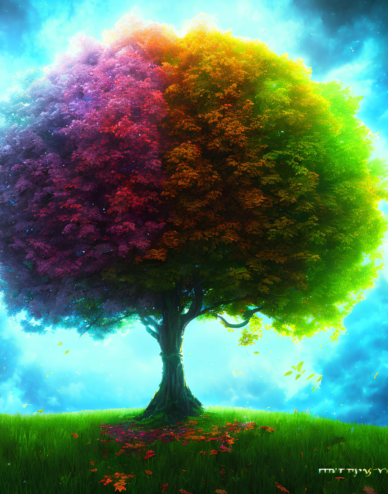 Colorful mystical tree with falling leaves under bright sky