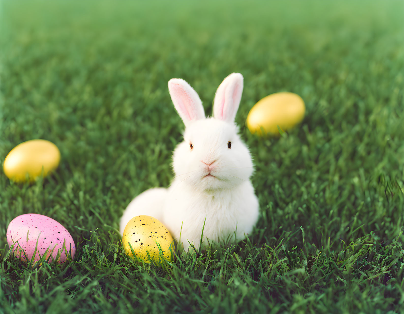 Cute White Bunny with Easter Eggs