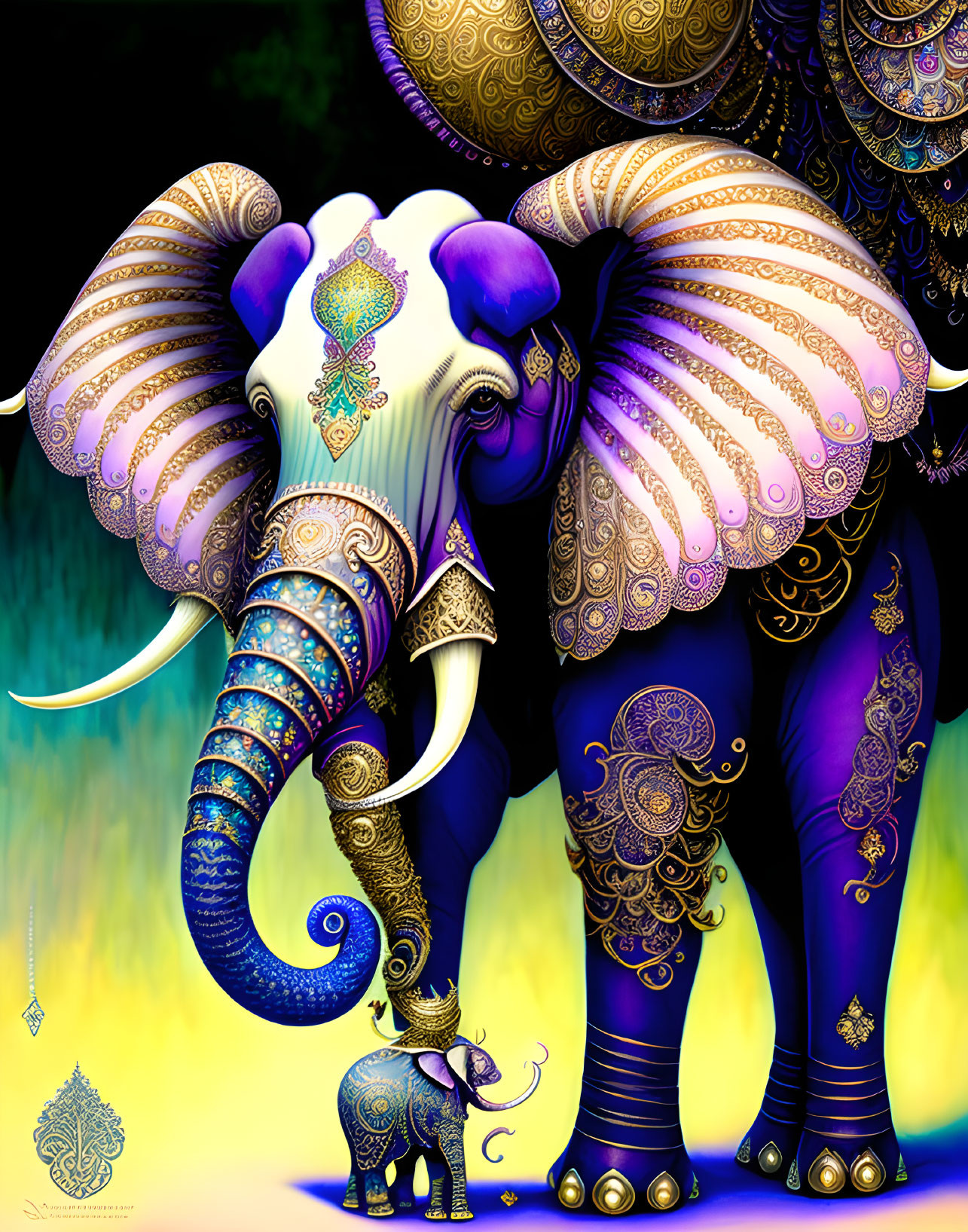 Ornate Purple and Gold Elephants on Yellow Background