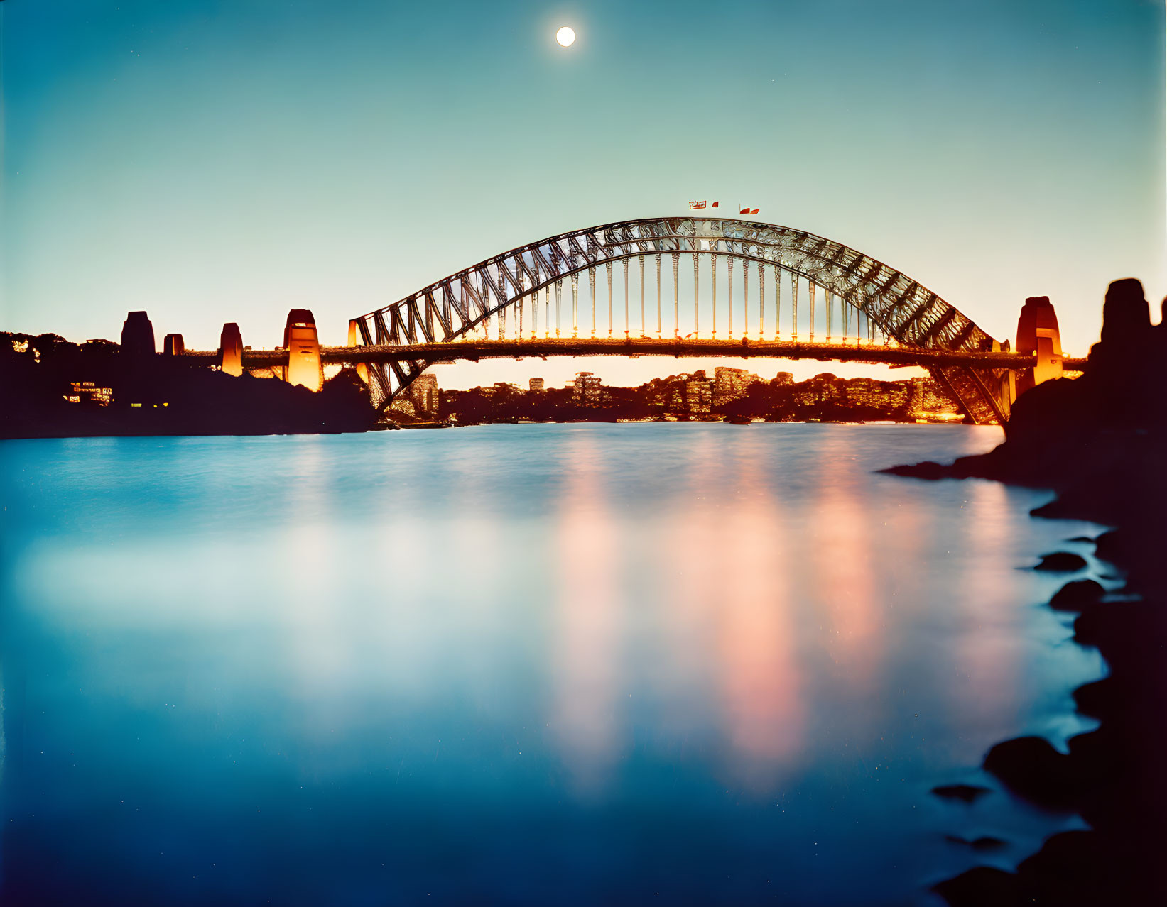 Sydney Harbour Bridge Twilight Scene with Crescent Moon