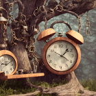 Vintage Chained Alarm Clocks Hanging from Tree Branches on Textured Background