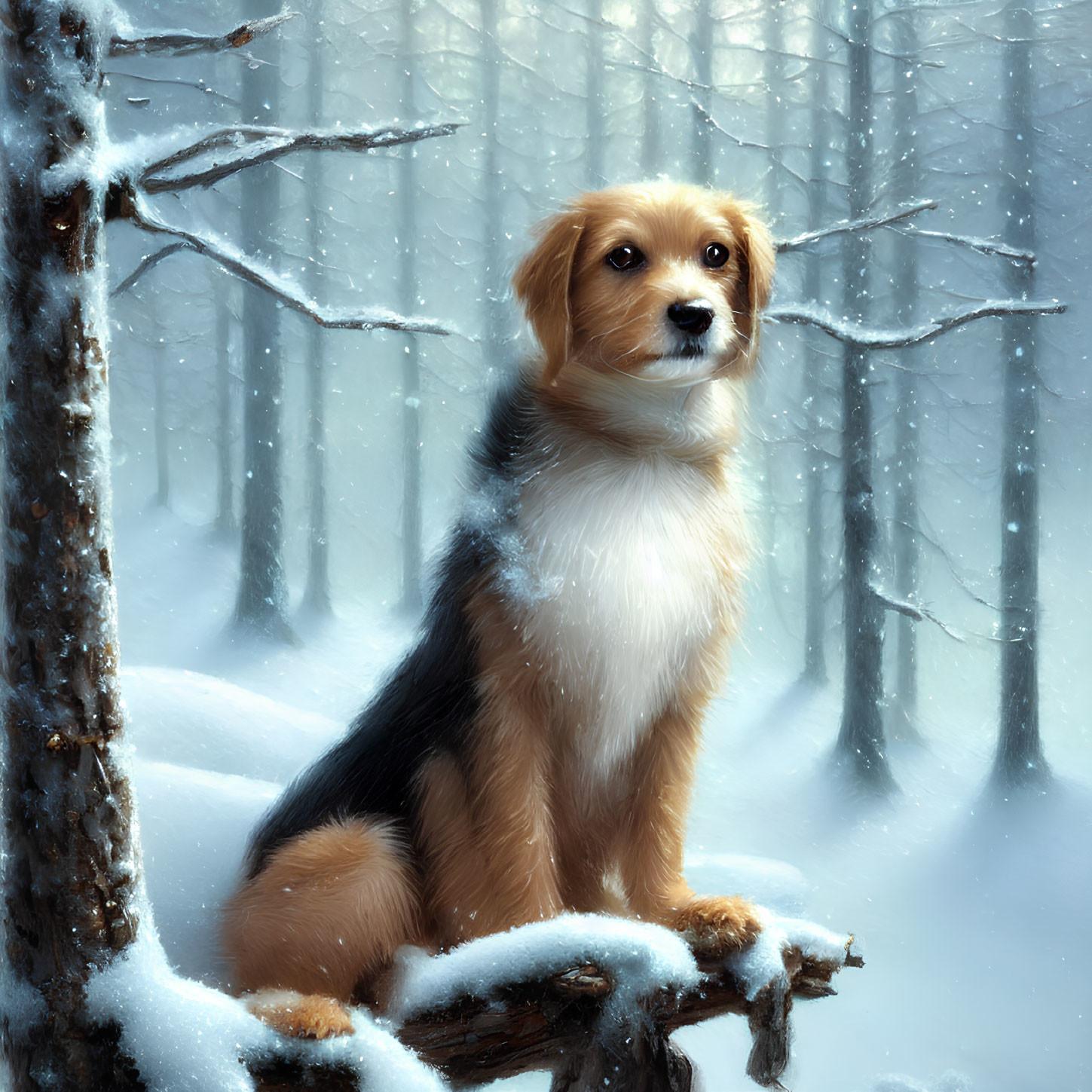 Golden-Brown Dog Sitting on Snowy Branch in Winter Forest