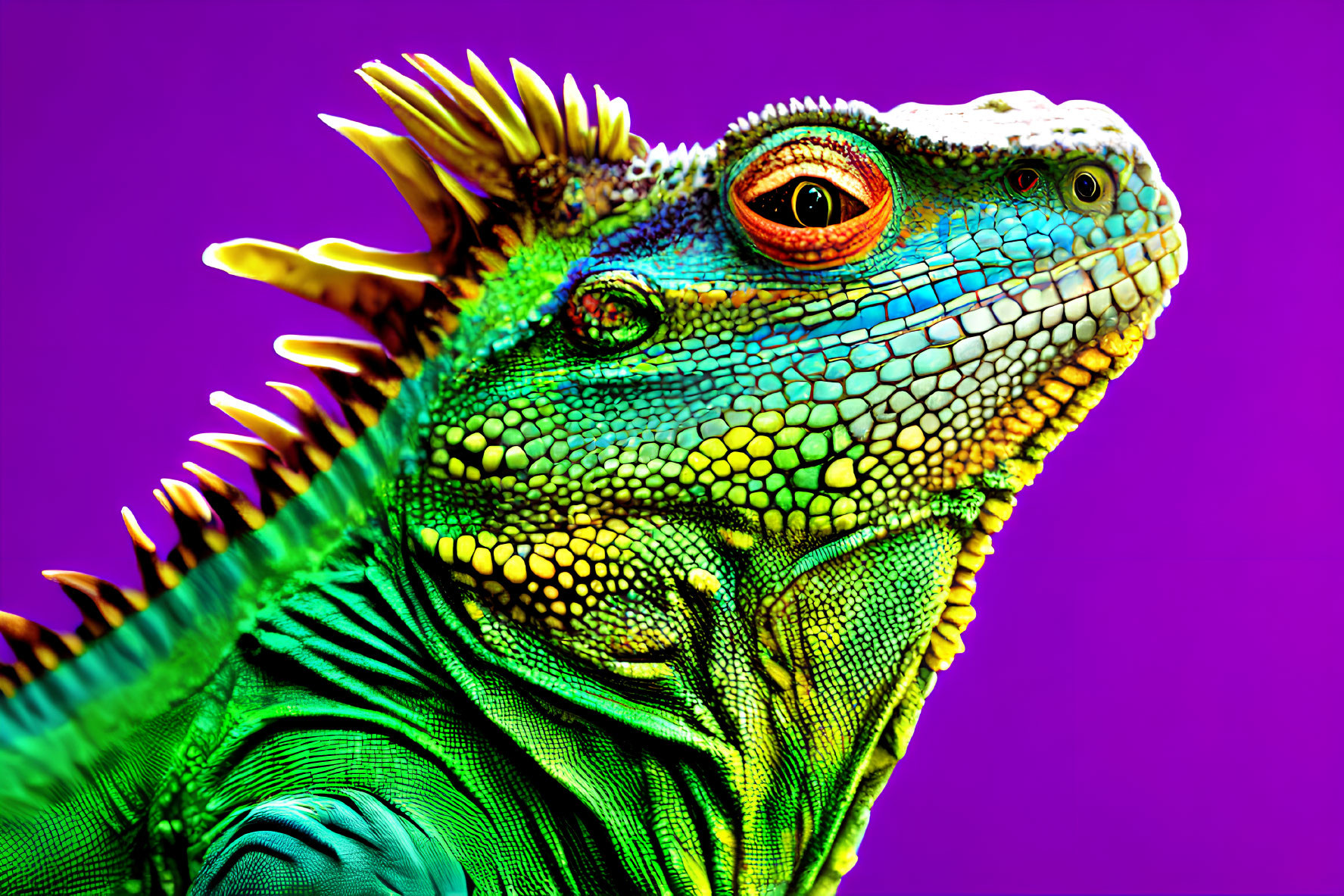 Detailed Close-Up of Green Iguana on Purple Background