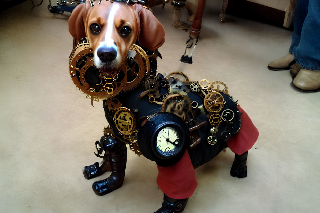 Steampunk-style digital artwork of a mechanical dog with clock and gears