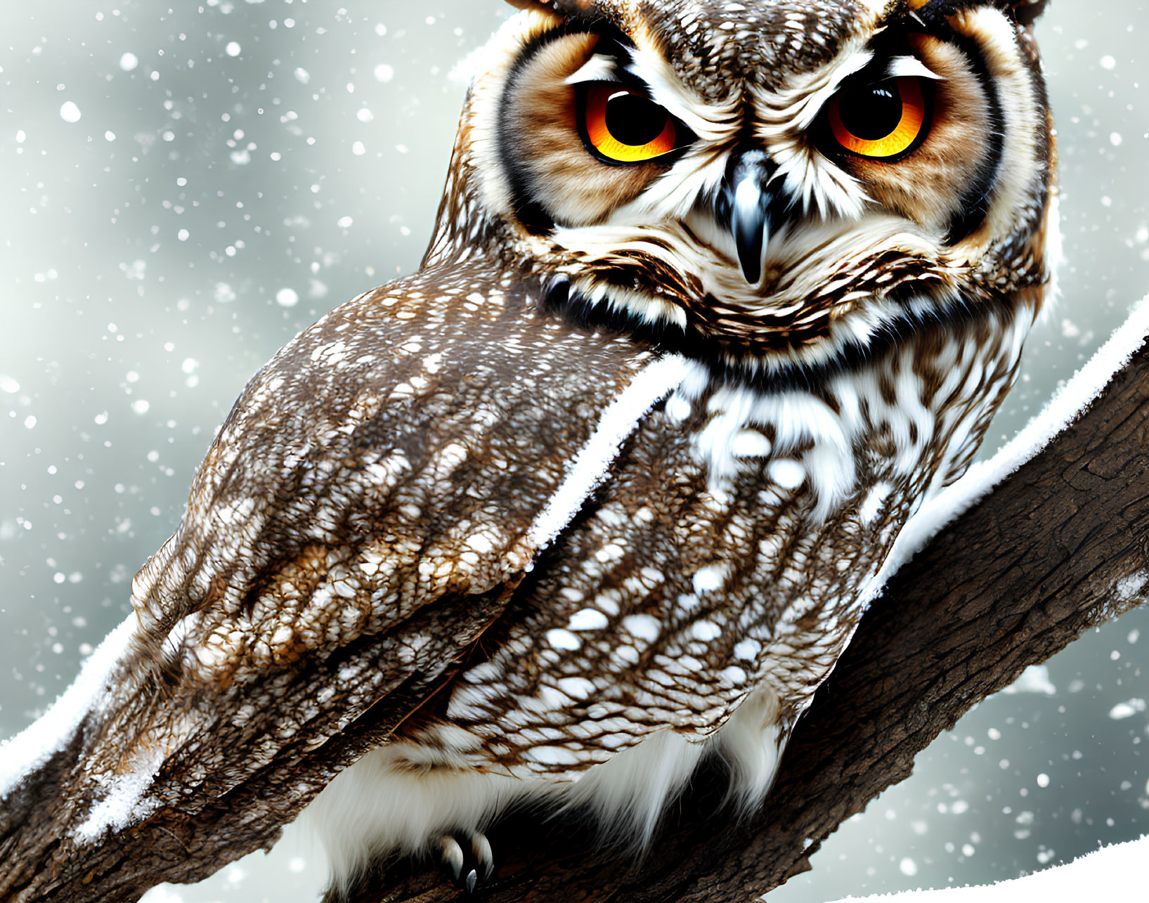 Brown and White Speckled Owl Perched on Branch in Falling Snowflakes