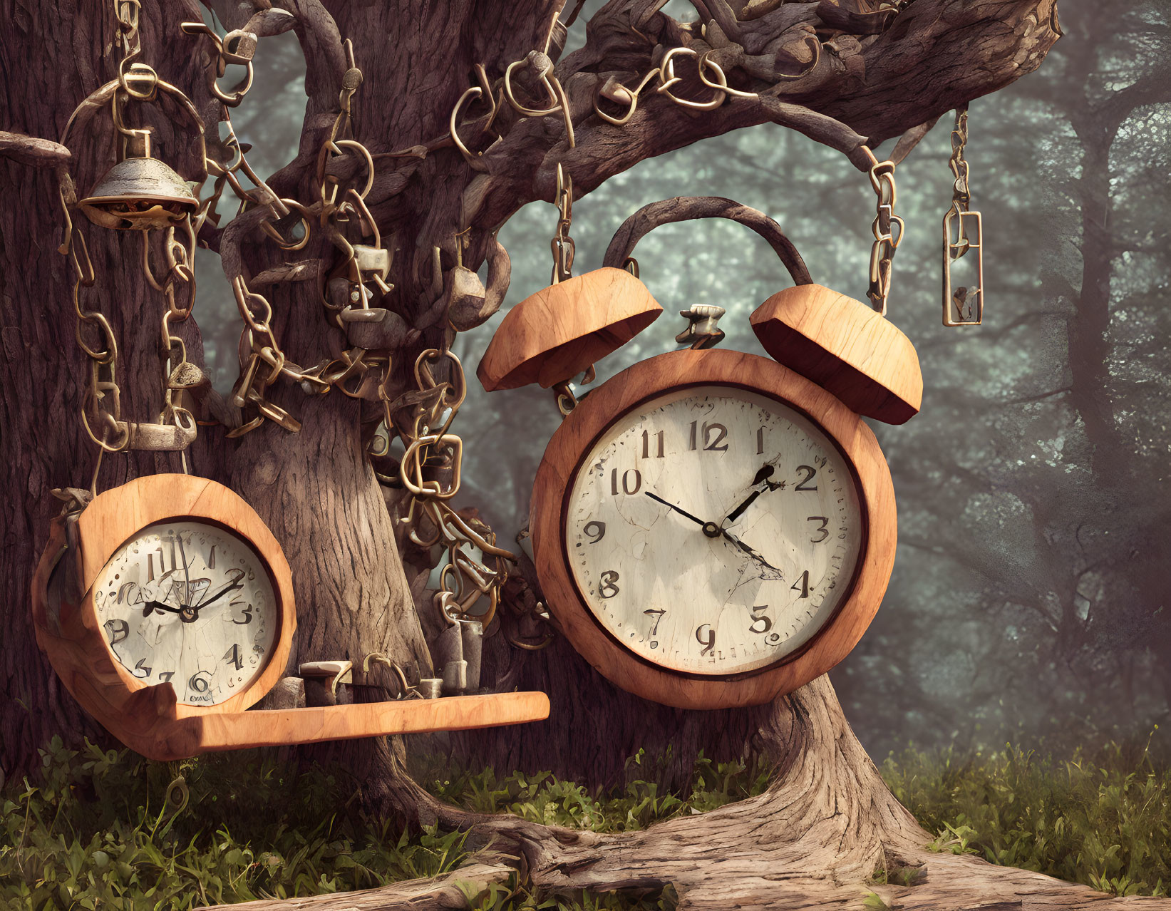 Vintage wooden alarm clock with broken hands on chain in mystical forest scene